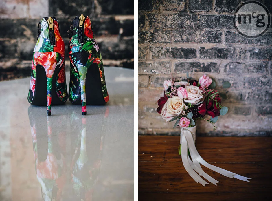 Edgy Red Wedding Shoes and Red Pink Bridal Bouquet
