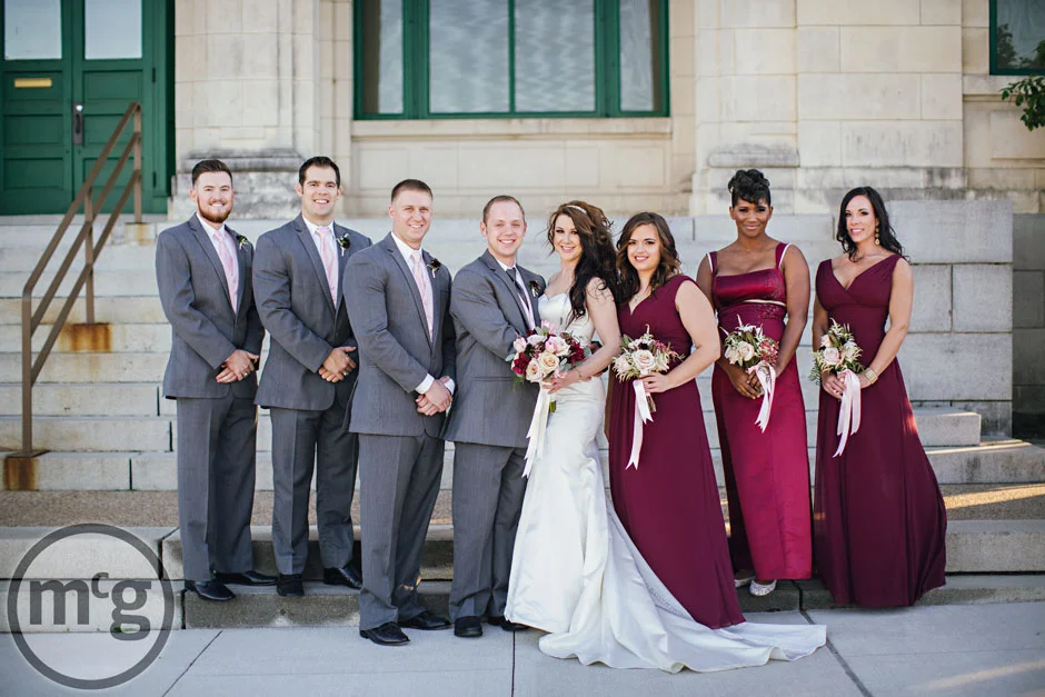 Bridal Party Red Bridesmaid Dresses Gray Suits