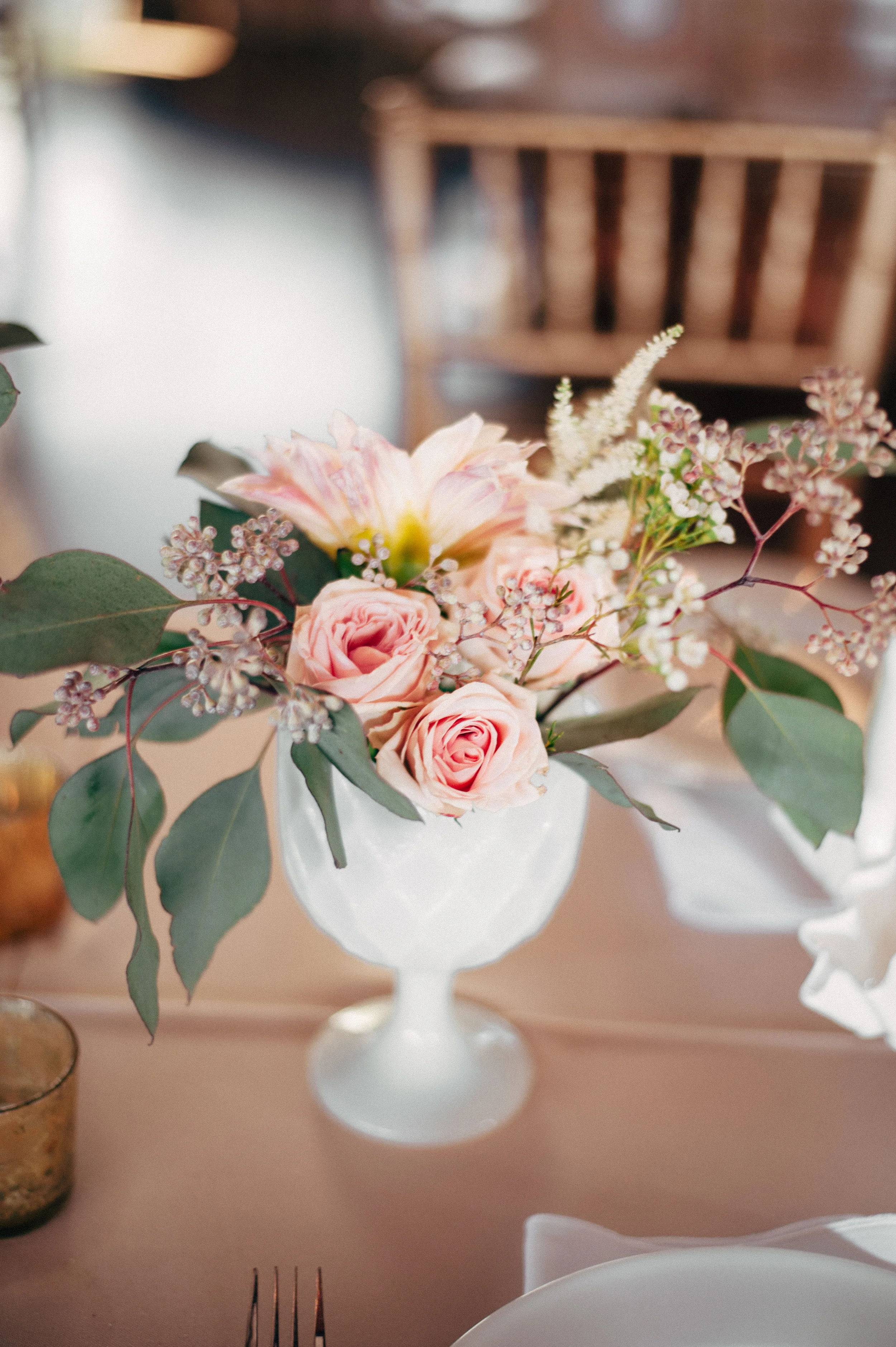 Milk glass wedding centerpiece peach, ivory