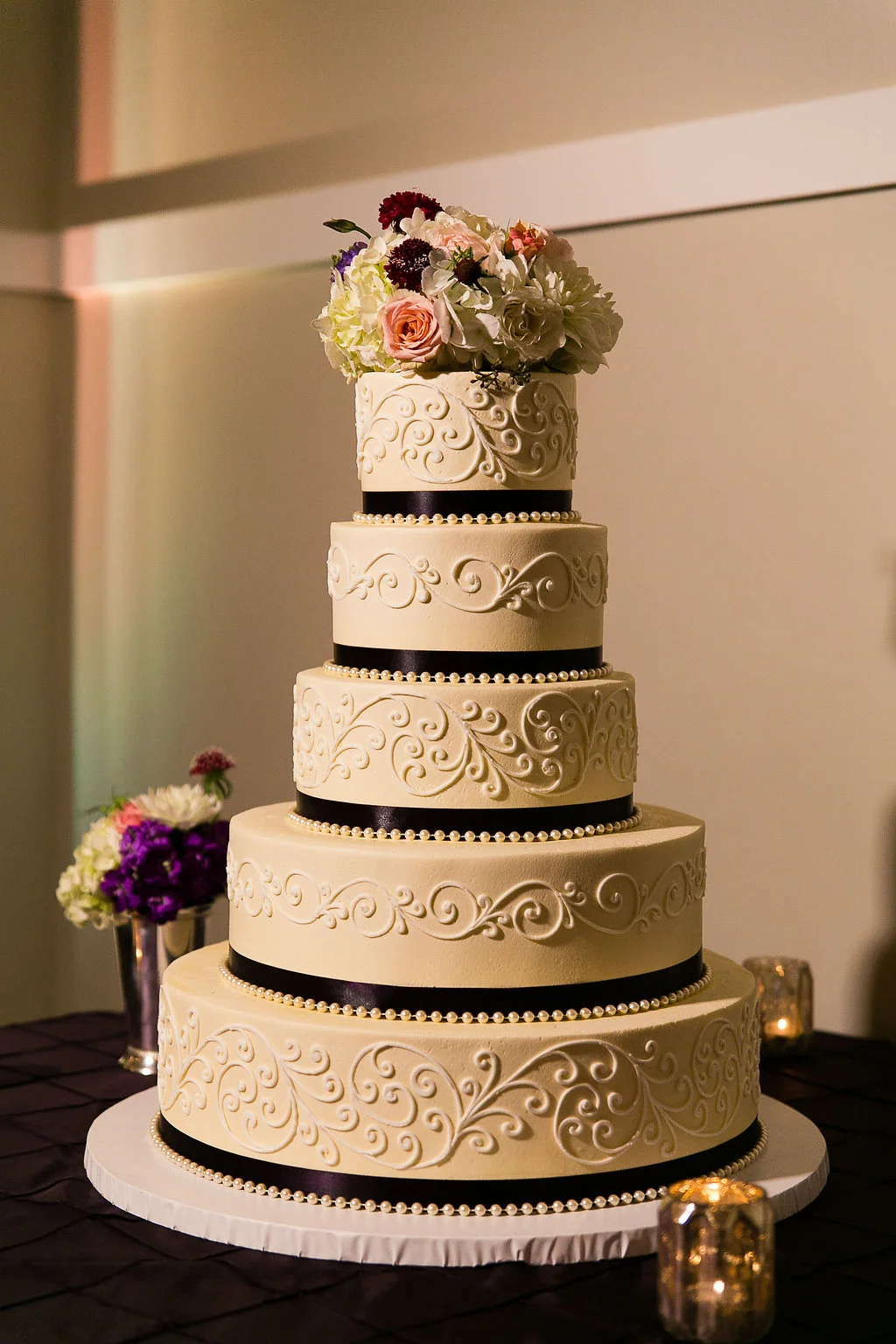 Purple Ribbon Buttercream Wedding Cake