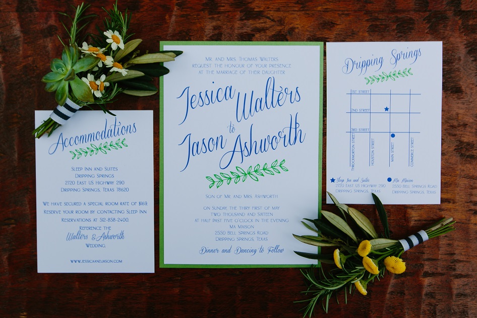Altar Ego Paperie Blue and Green wedding invitation suite