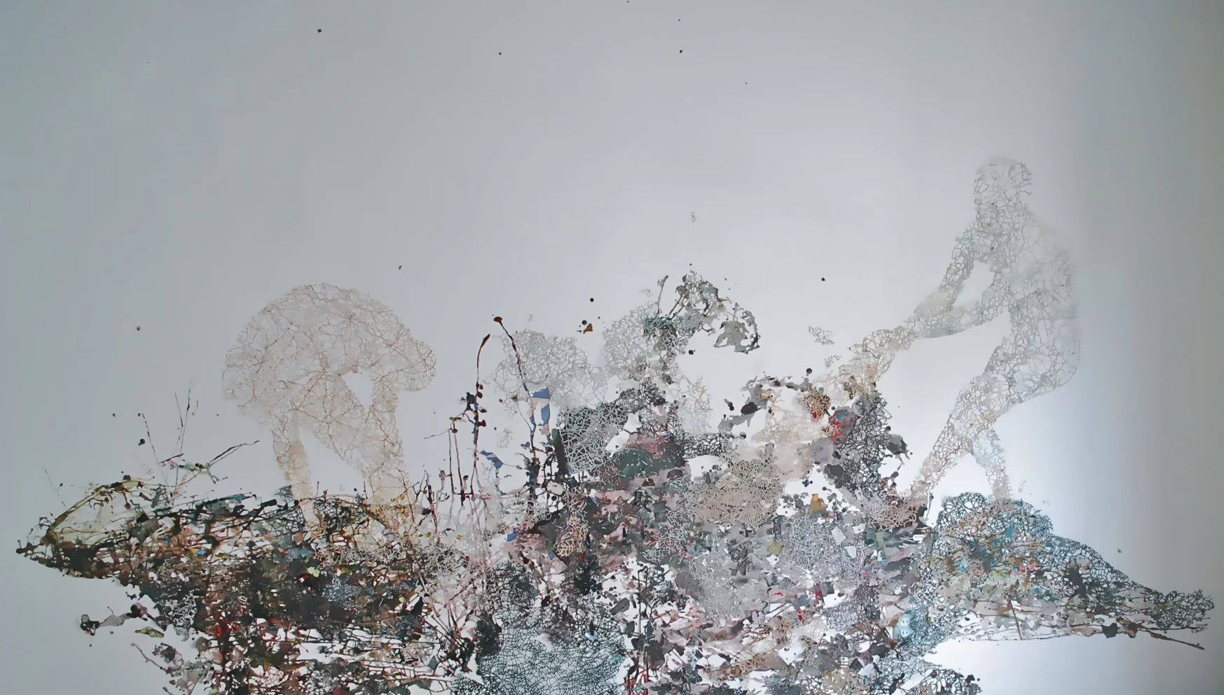   Surge  GLITCH Gallery Acrylic, ink, collagraphs, maps, newspaper clippings, tyvek, maps pins 