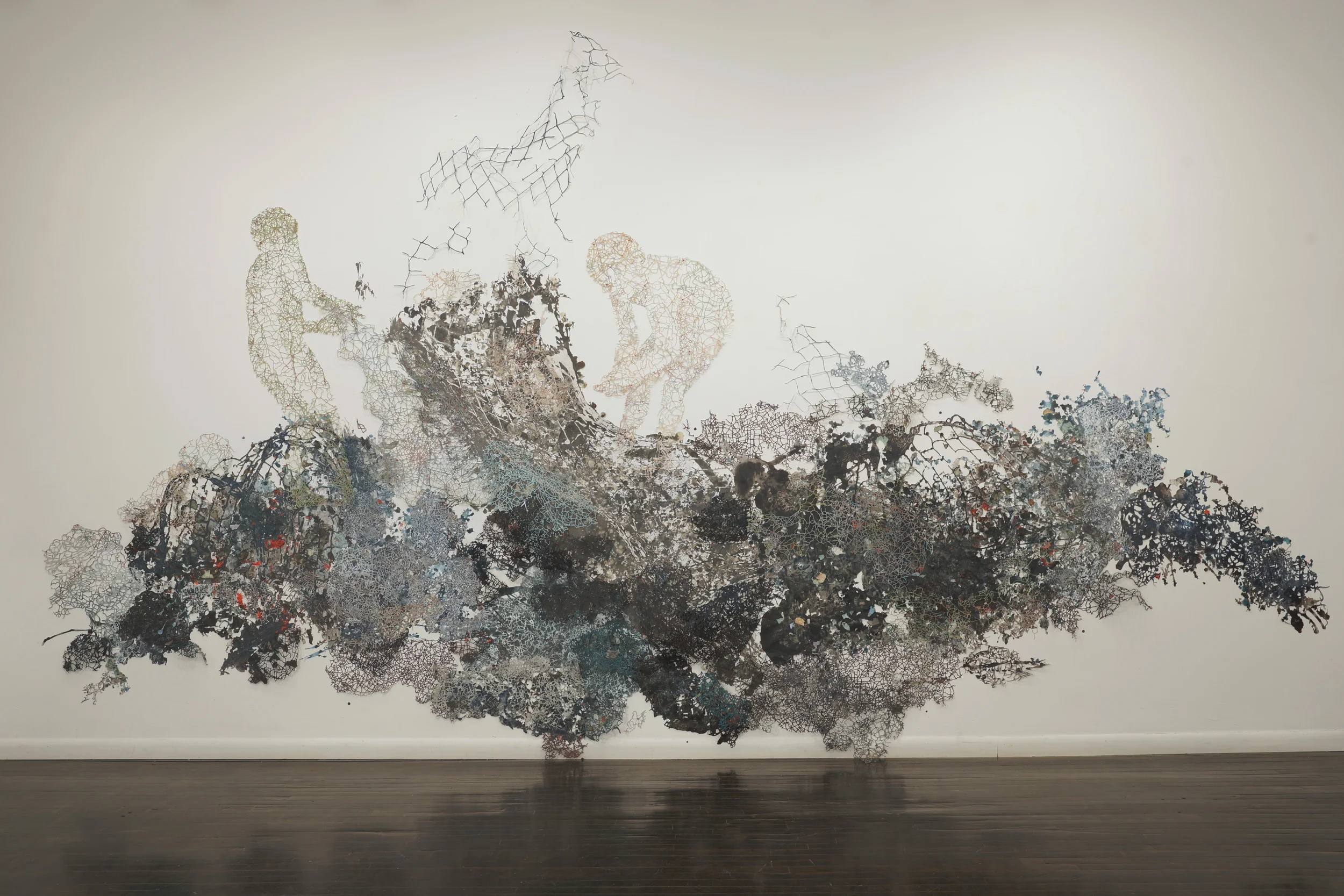   Surge  Vine Arts Center Acrylic, ink, collagraphs, maps, newspaper clippings, tyvek, maps pins 