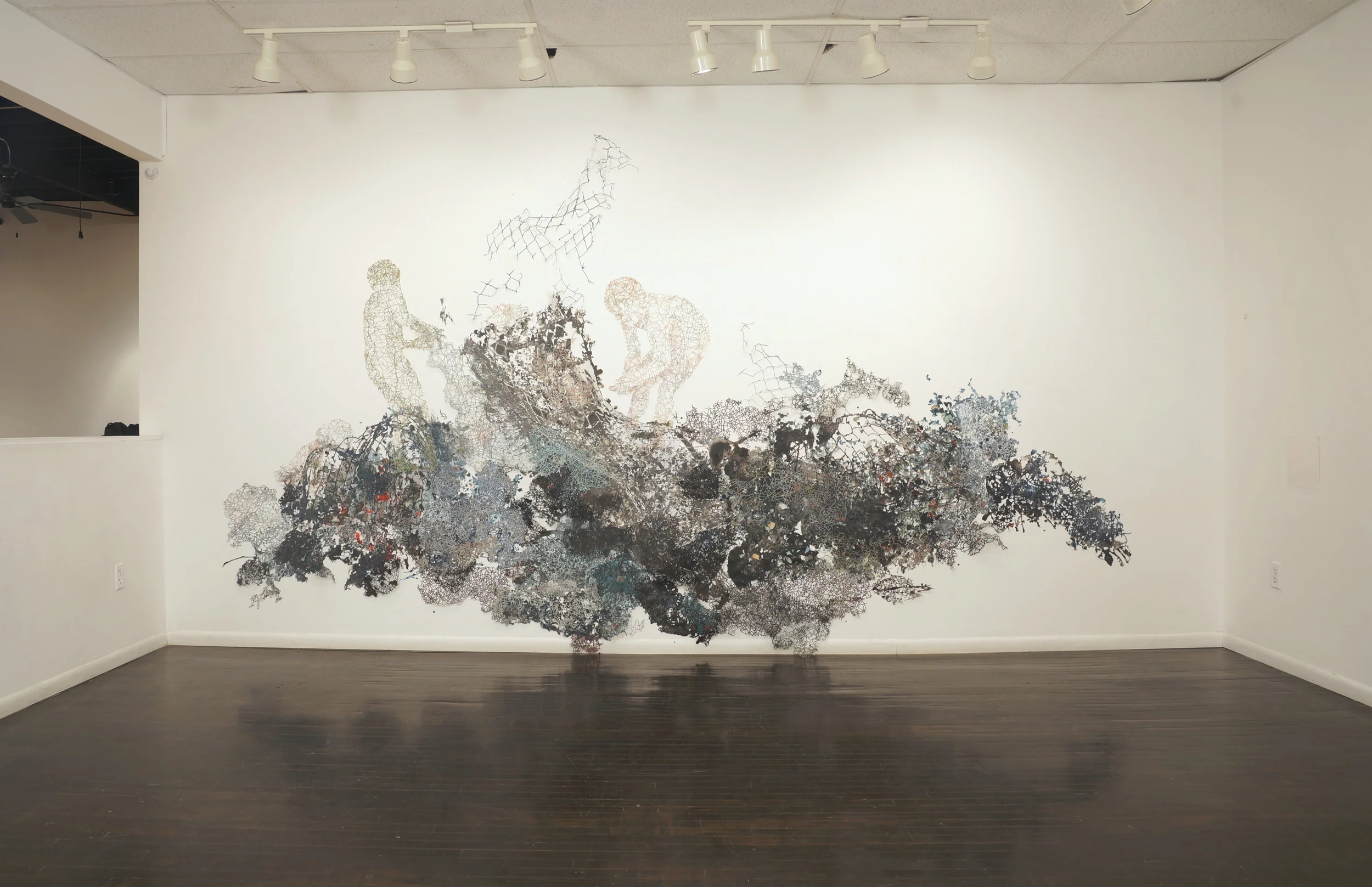   Surge  Vine Arts Center Acrylic, ink, collagraphs, maps, newspaper clippings, tyvek, maps pins 