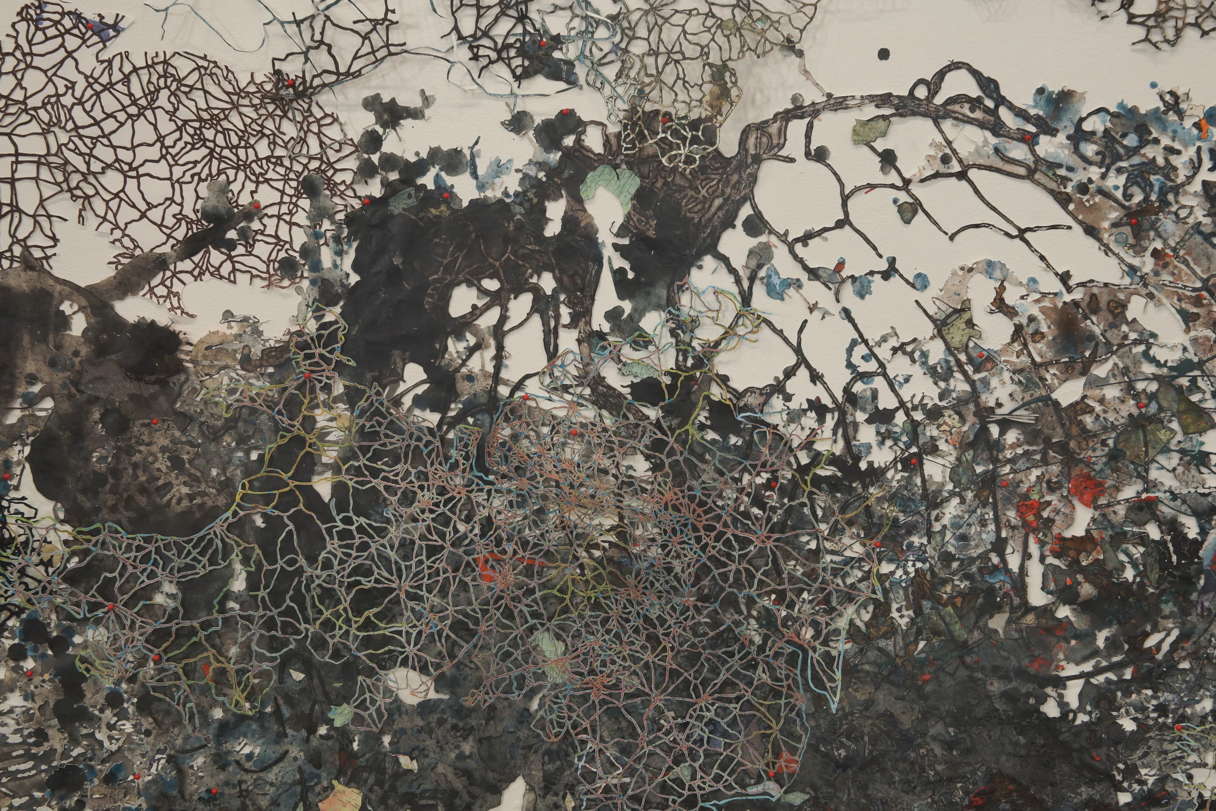  detail Vine Arts Center Acrylic, ink, collagraphs, maps, newspaper clippings, tyvek, maps pins 