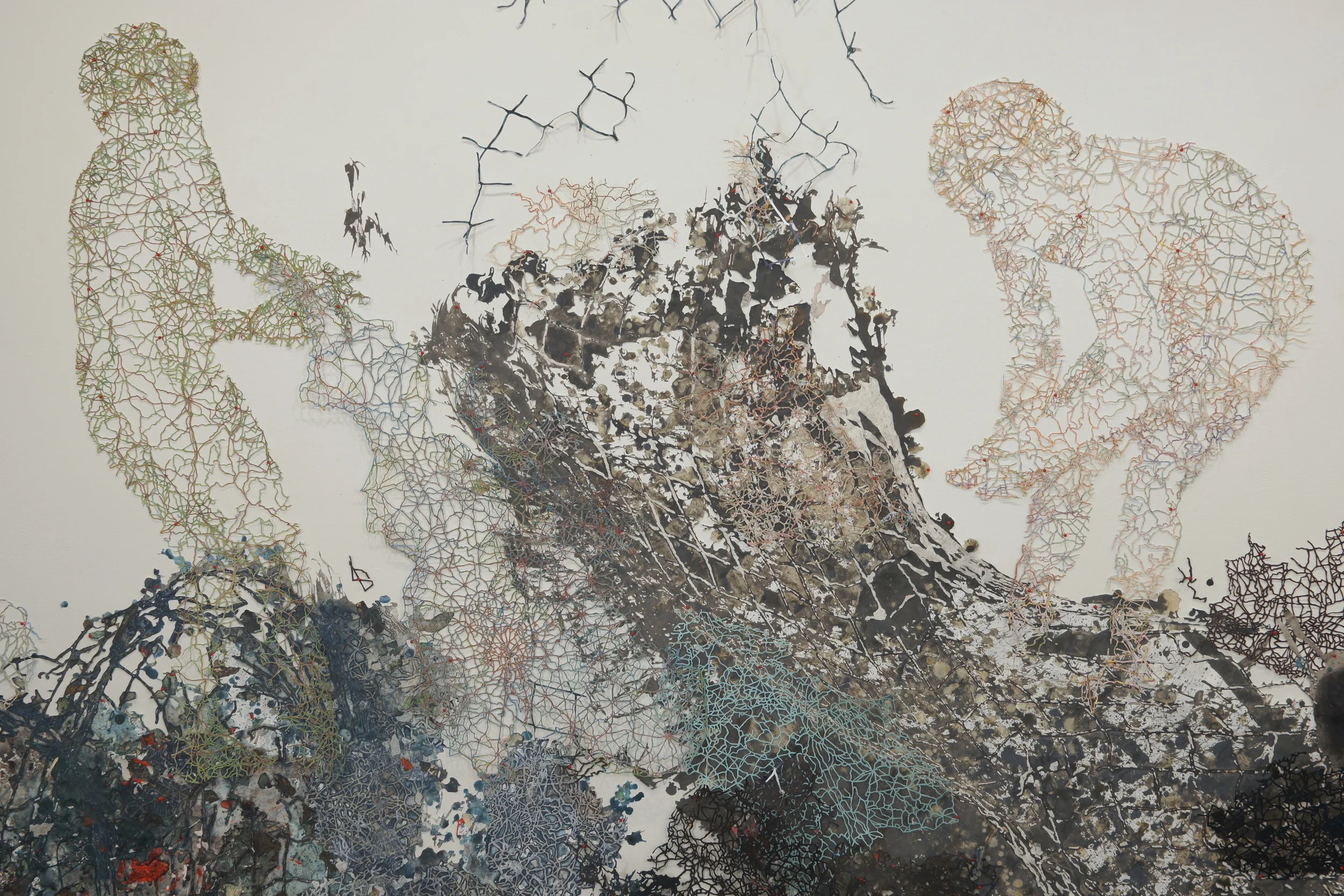   detail  Vine Arts Center Acrylic, ink, collagraphs, maps, newspaper clippings, tyvek, maps pins 