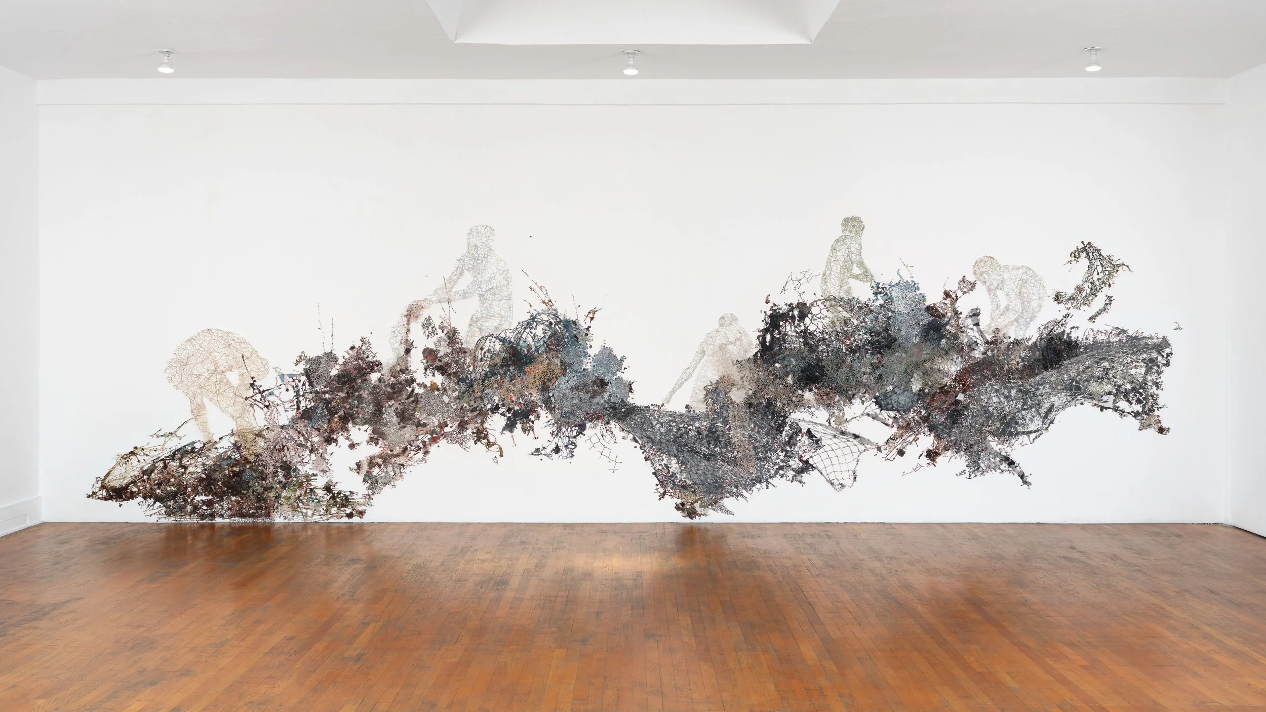   Surge , 2014-25 Acrylic, ink on Tyvek, paper, found maps, collagraph prints and plates, newsprint, envelopes, canvas, map pins  Approx. 87 x 310 x 5 in (221 x 787 x 13 cm Photo by Paul Salveson 