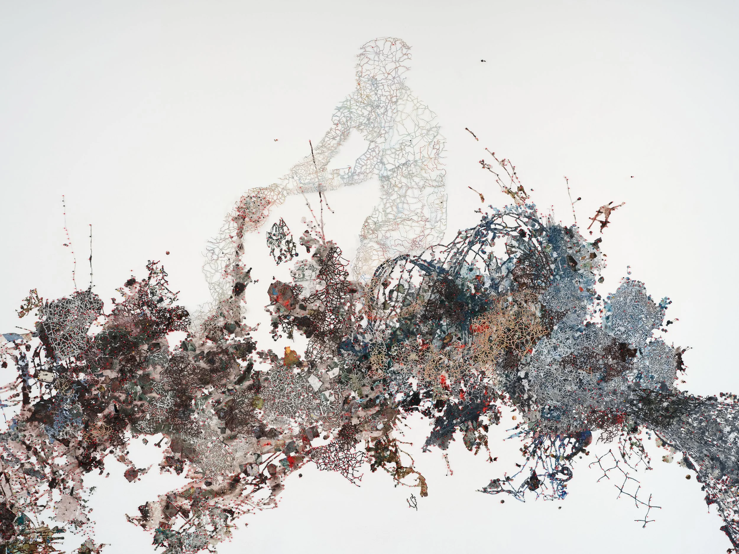   Surge , 2014-25 Acrylic, ink on Tyvek, paper, found maps, collagraph prints and plates, newsprint, envelopes, canvas, map pins  detail Photo by Paul Salveson 