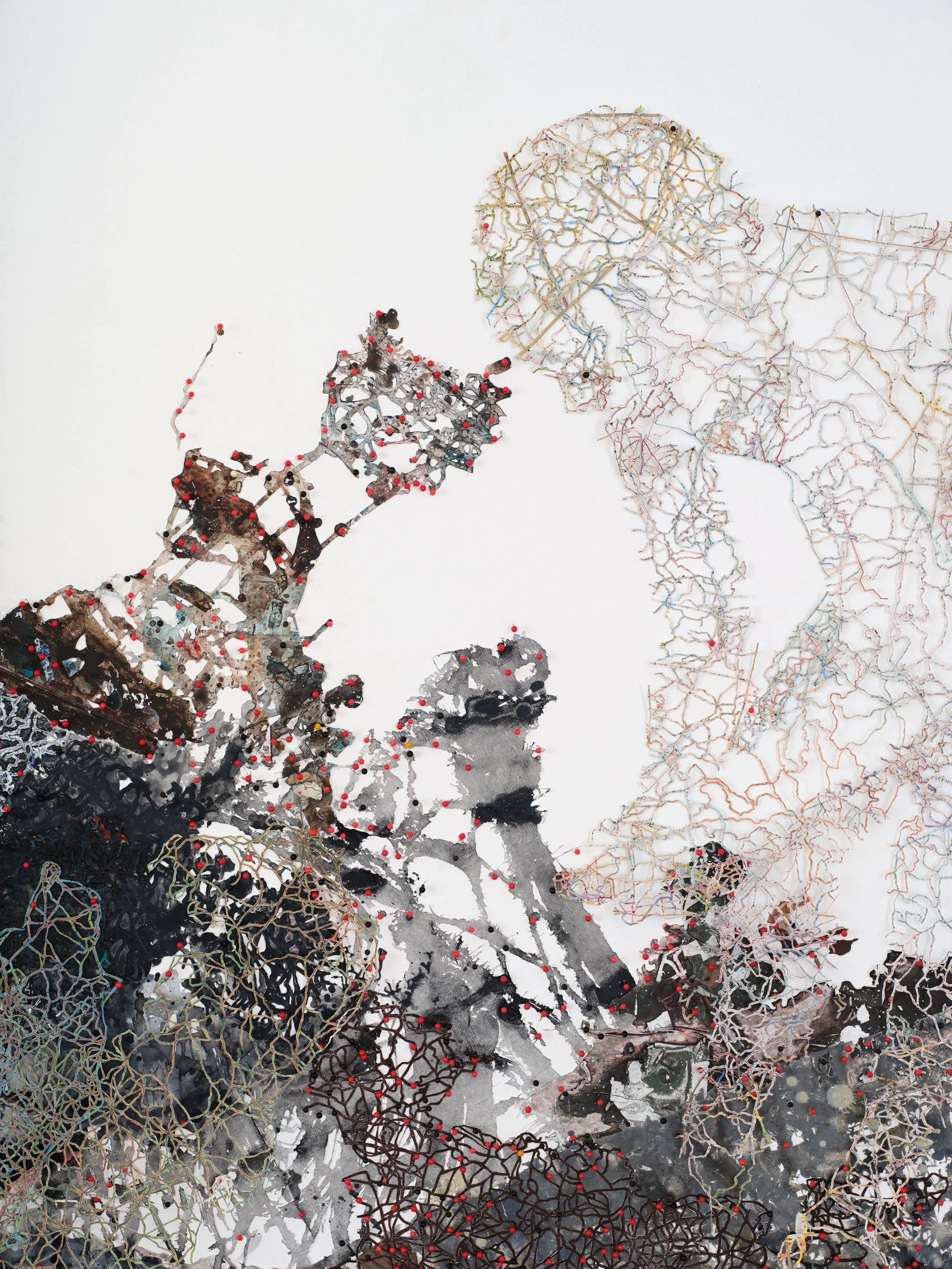   Surge , 2014-25 Acrylic, ink on Tyvek, paper, found maps, collagraph prints and plates, newsprint, envelopes, canvas, map pins  detail Photo by Paul Salveson 
