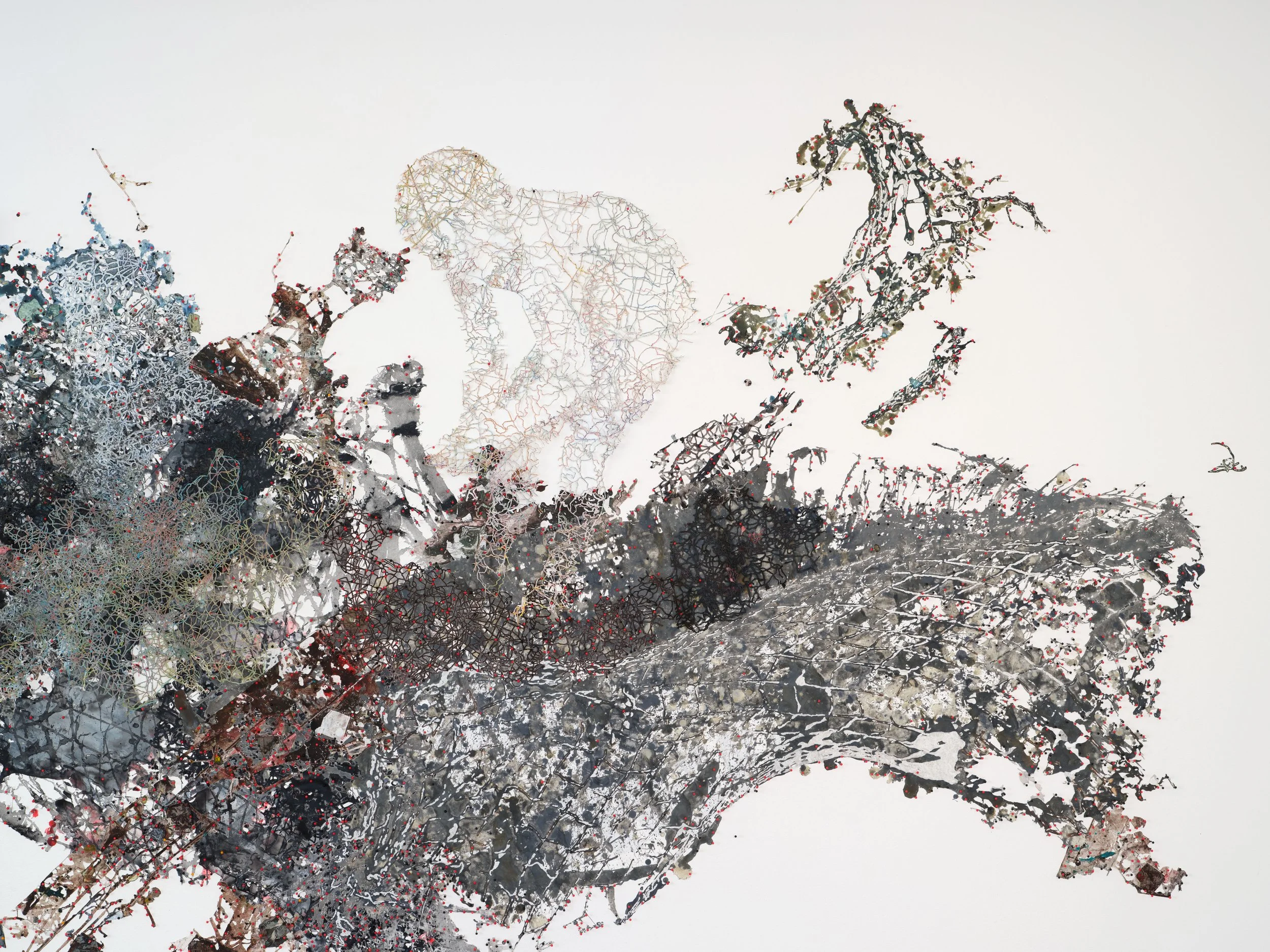   Surge , 2014-25 Acrylic, ink on Tyvek, paper, found maps, collagraph prints and plates, newsprint, envelopes, canvas, map pins  detail Photo by Paul Salveson 
