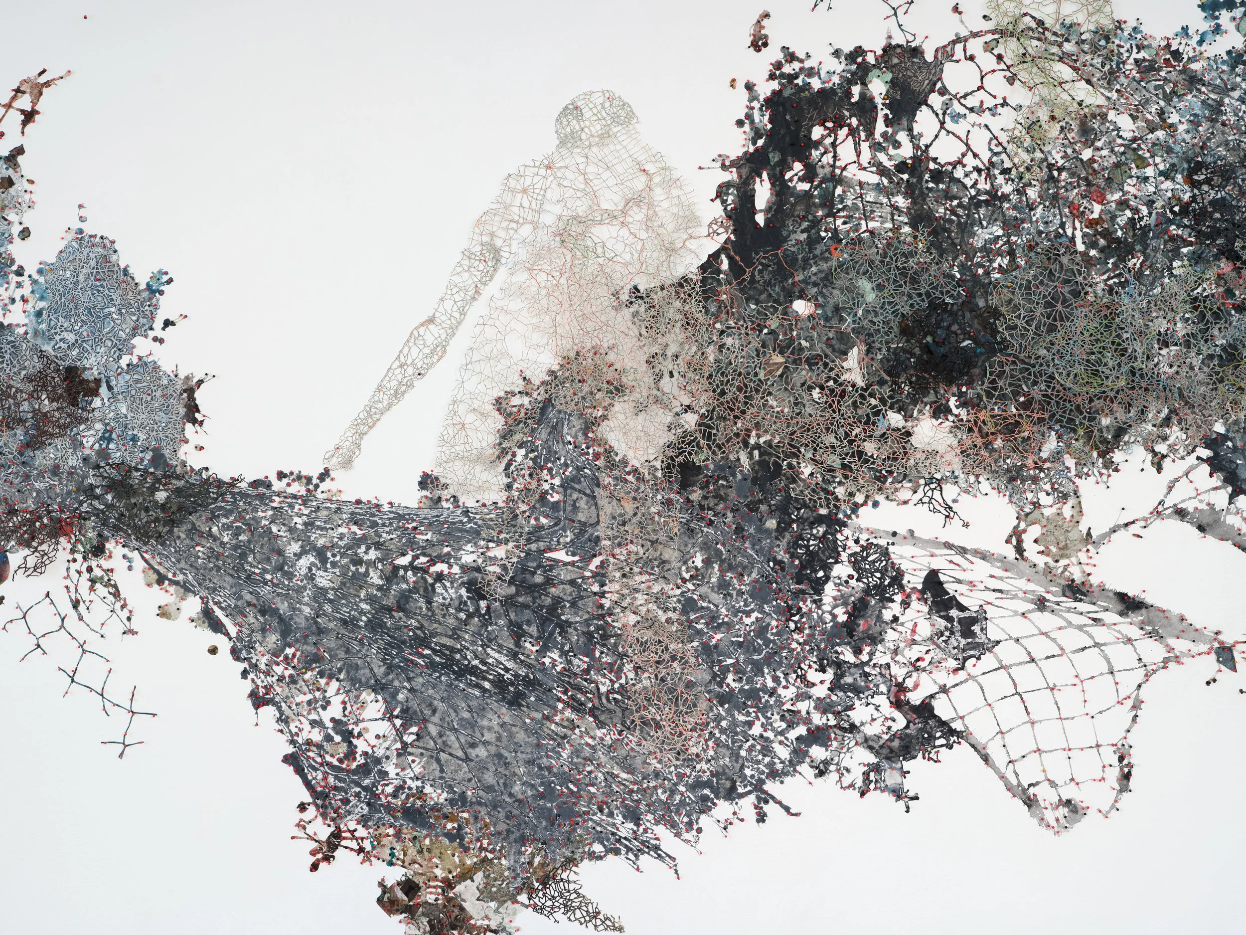   Surge , 2014-25 Acrylic, ink on Tyvek, paper, found maps, collagraph prints and plates, newsprint, envelopes, canvas, map pins  detail Photo by Paul Salveson 