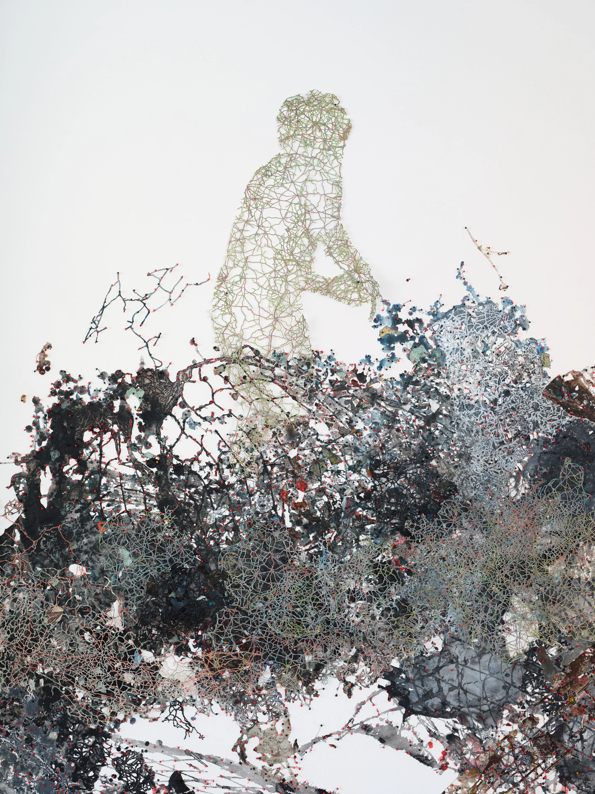   Surge , 2014-25 Acrylic, ink on Tyvek, paper, found maps, collagraph prints and plates, newsprint, envelopes, canvas, map pins  detail Photo by Paul Salveson 