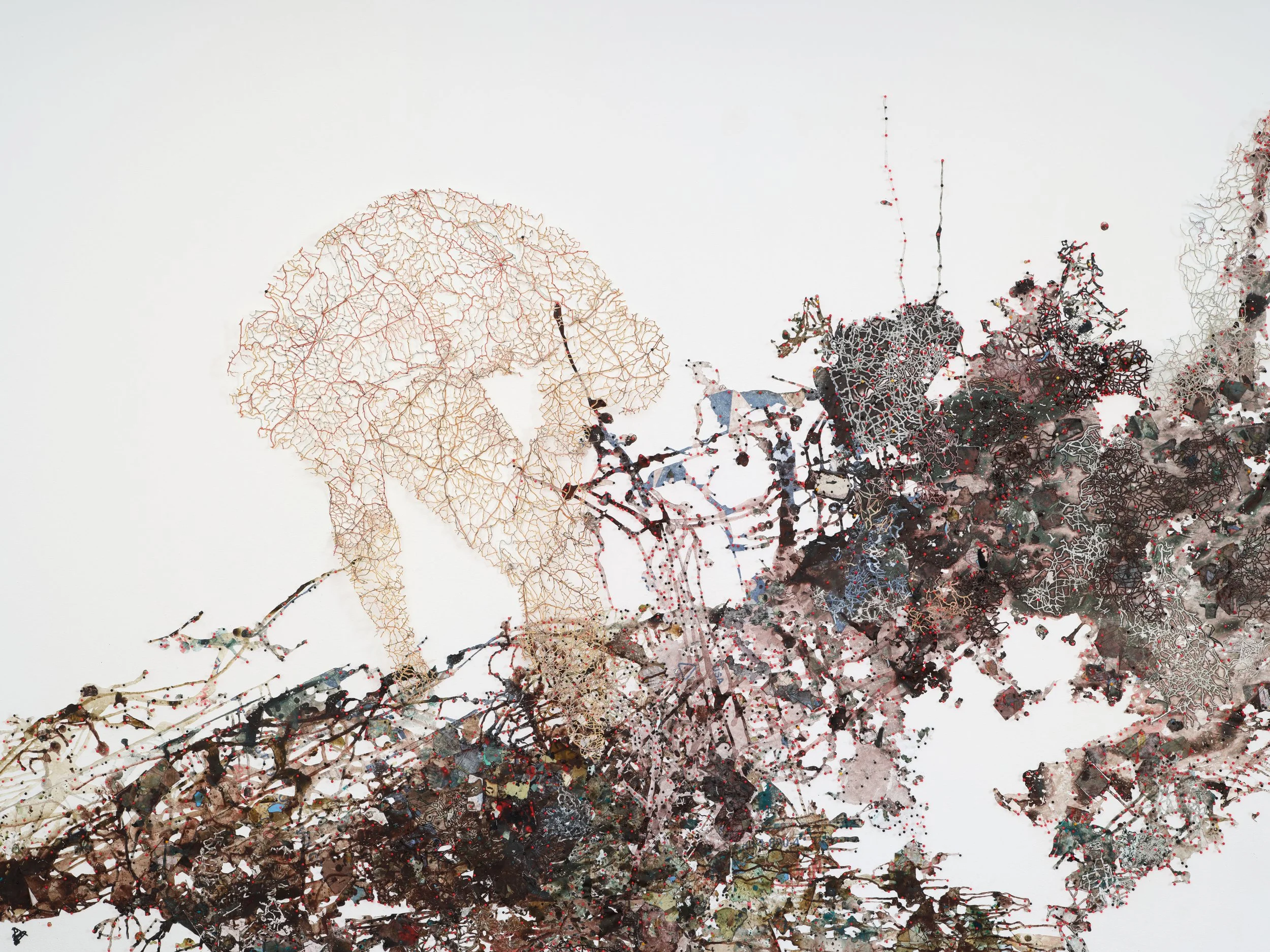   Surge , 2014-25 Acrylic, ink on Tyvek, paper, found maps, collagraph prints and plates, newsprint, envelopes, canvas, map pins  detail Photo by Paul Salveson 