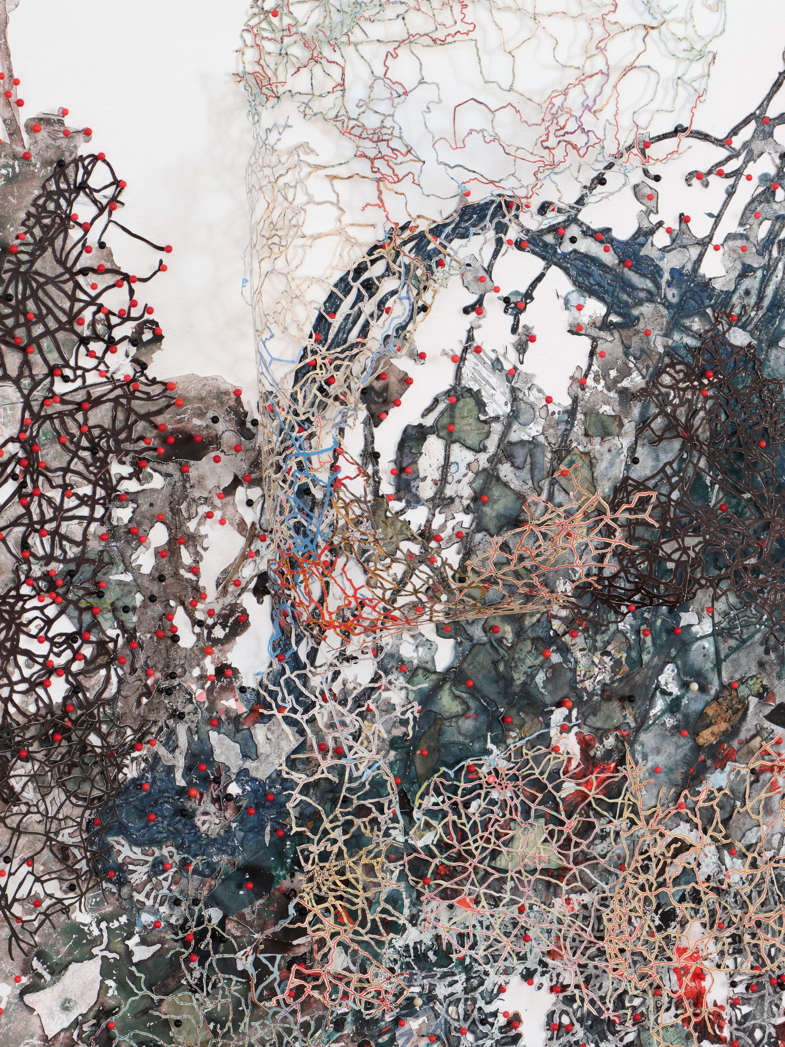   Surge , 2014-25 Acrylic, ink on Tyvek, paper, found maps, collagraph prints and plates, newsprint, envelopes, canvas, map pins  detail Photo by Paul Salveson 