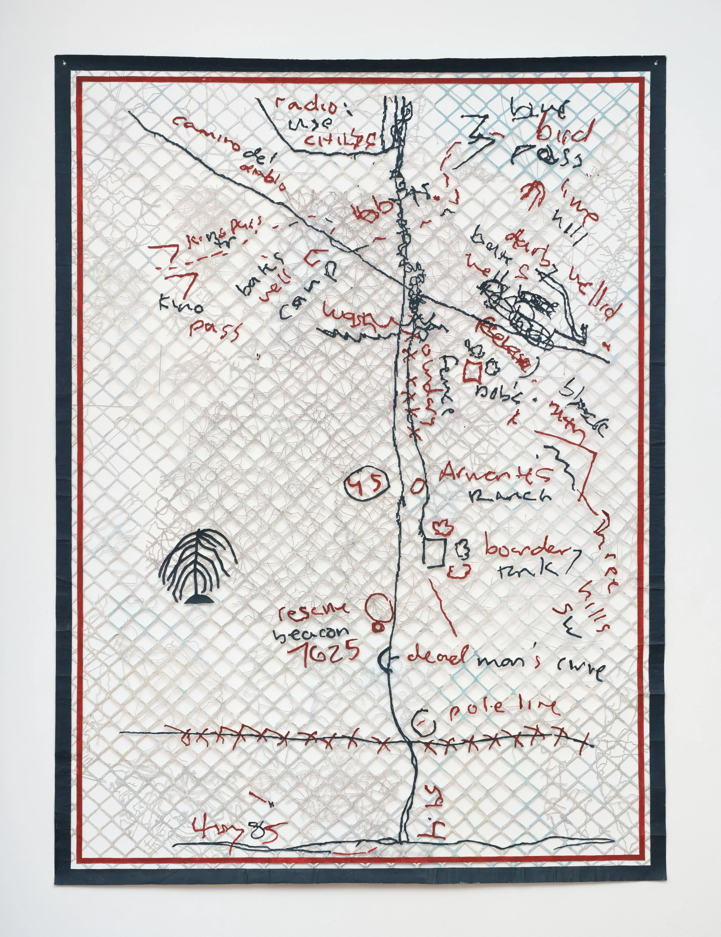   Cross Stitch  Acrylic, ink on found maps, interfacing fabric Approx. 60.75 x 55.75 in (154 x 142 cm)  Photo: Paul Salveson 