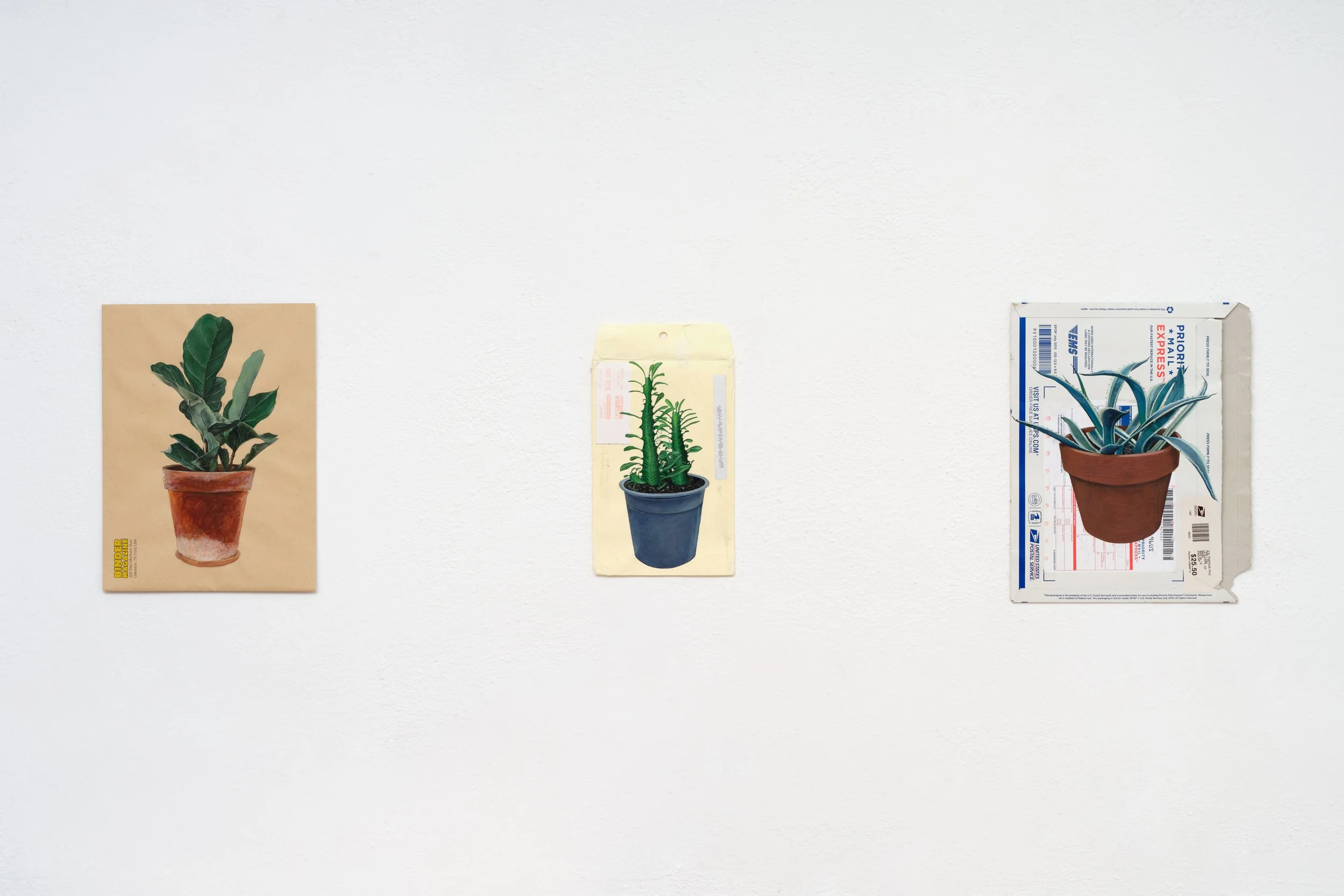   dacaments: 03, 30, 21  (2017-23) Acrylic on envelope 12 x 9 in (30 x 23 cm); 10.5 x 6 in (27 x 15 cm); 12.5 x 10 in (32 x 25 cm)  Photo: Paul Salveson 