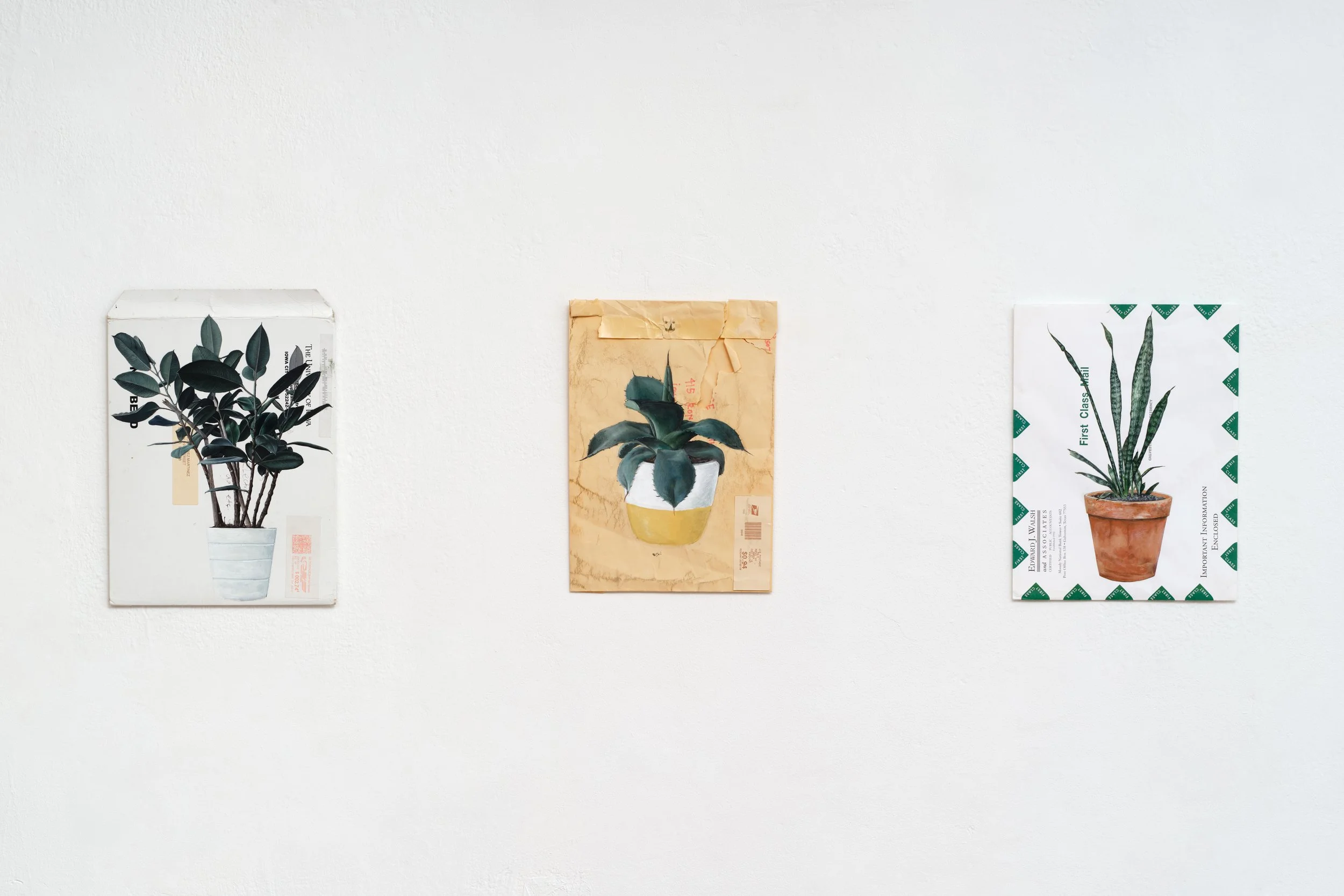   dacaments: 08, 02, 05  (2017) Acrylic on envelope 13.5 x 9.75 in (34 x 25 cm); 12.25 x 8.75 in (31 x 22 cm); 12.5 x 9.5 in (32 x 24 cm)  Photo: Paul Salveson 
