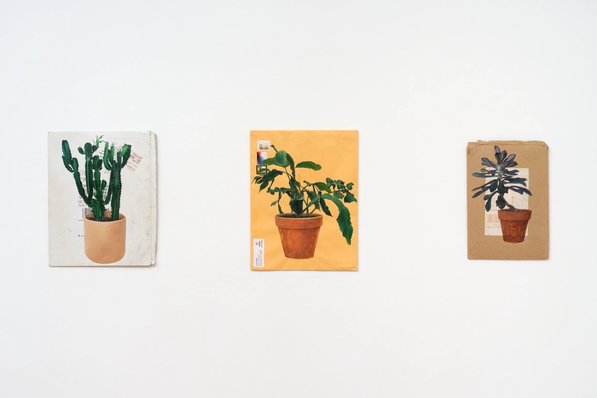   dacaments: 31, 17, 09  (2017–23) Acrylic on envelope 12.5 x 10 in (32 x 25 cm); 13 x 10 in (33 x 25 cm); 11 x 7.5 in (28 x 19 cm)  Photo: Paul Salveson 