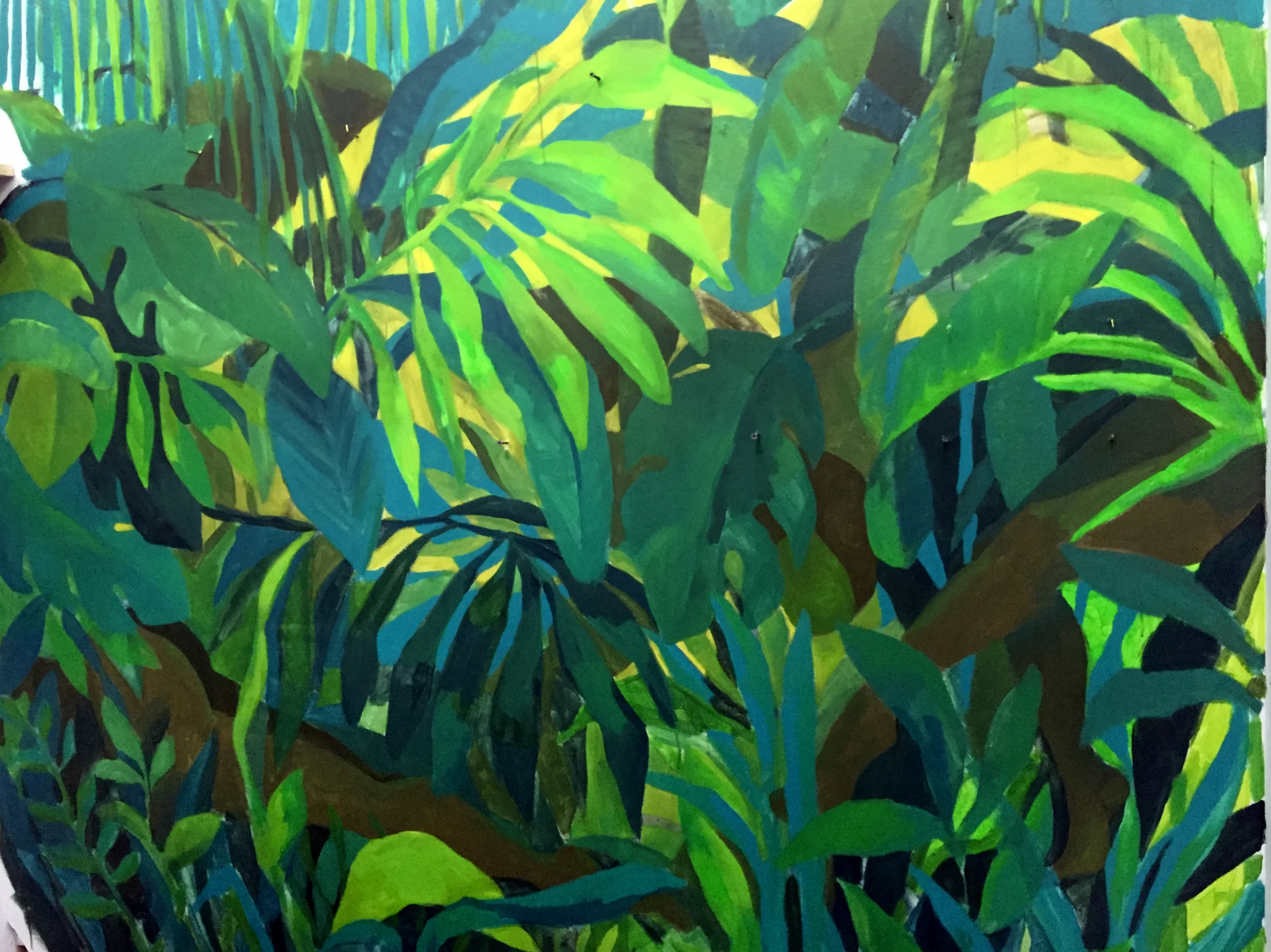 This wall painting, seen sans paintings hanging on top, takes up an entire studio wall.