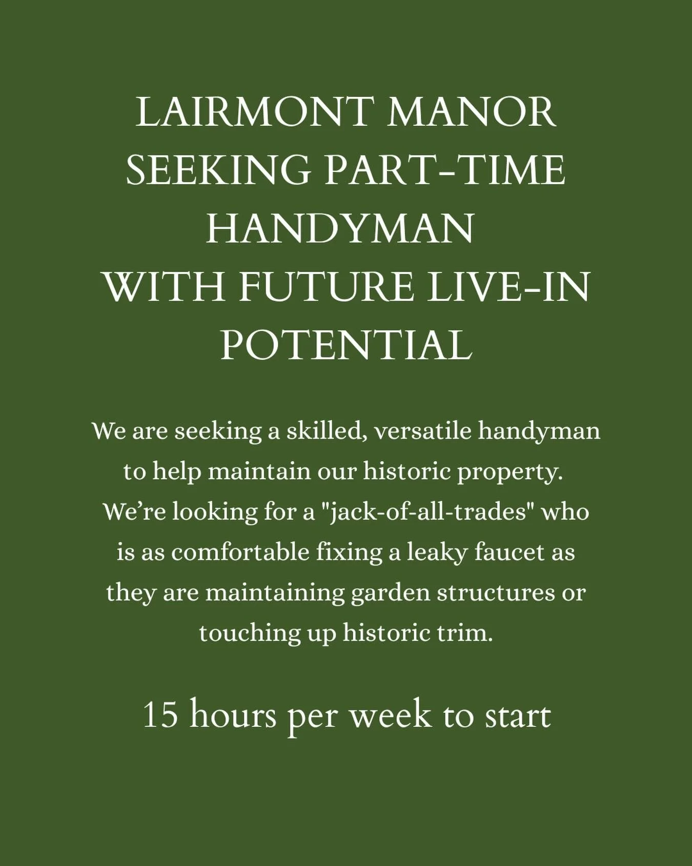 To apply, please share your experience and tell us why you&rsquo;re interested in a long-term position.
Email full name, contact info, references and all information to: lairmontjobs@gmail.com&nbsp;

We will reach out to you to schedule a preliminary