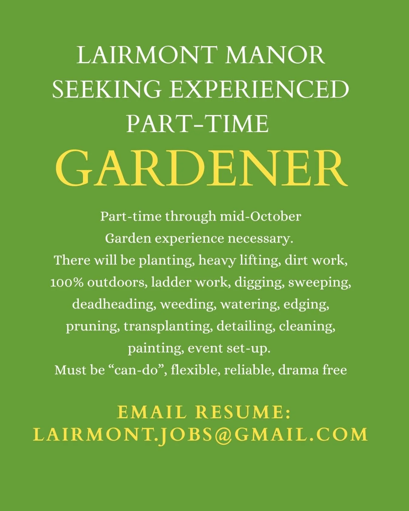 🪴 NOW HIRING: Estate Gardener (Part-Time) Start right away, work until Mid-late October
Looking for a hard working, motivated individual with a keen eye for detail to join our grounds team.

The Role:
General garden maintenance (weeding, pruning, mu