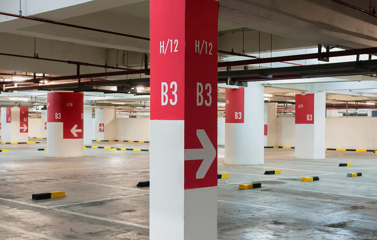 Graphic design and colour schemes as applied on columns on all parking levels.