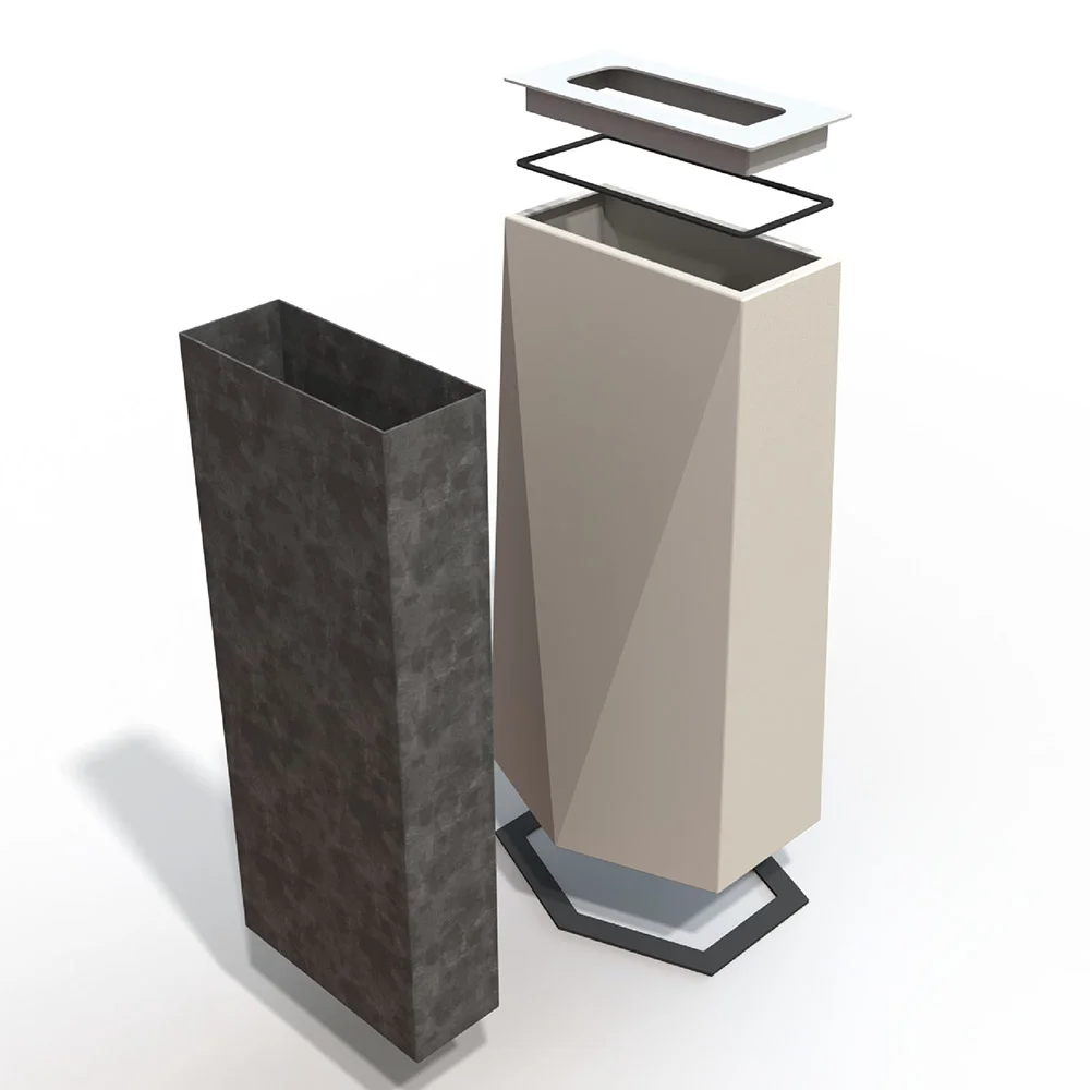 Trash bin, polyurethane coated aluminium sheet and stainless steel, with internal bin from galvanised sheet metal.