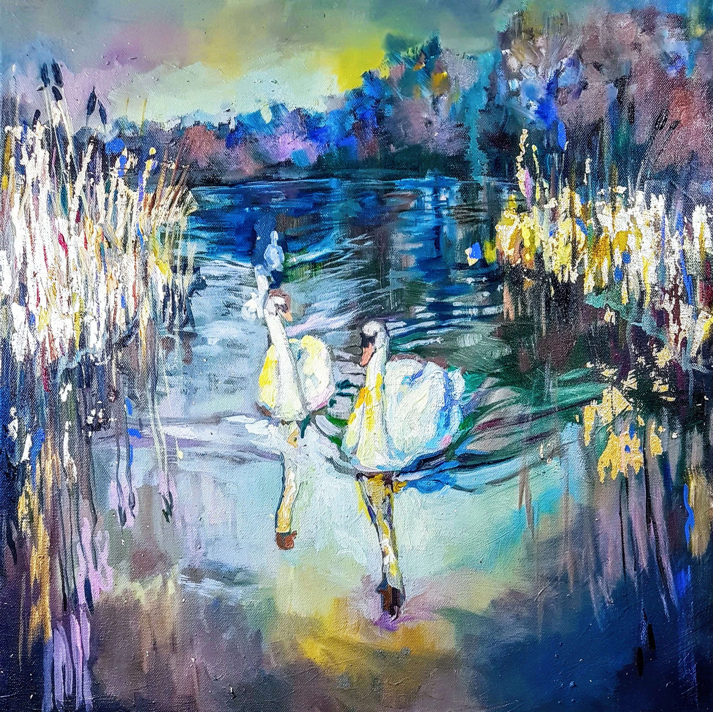 Swans Riverscape Work in Progress Aug 2018. Oils and gold leaf on a stretched canvas 50 x 50 xm