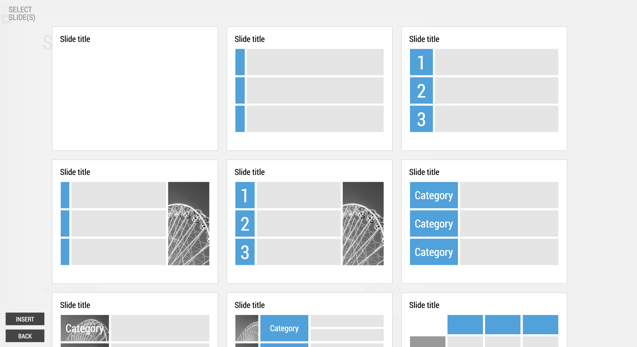 Here is the menu you are presented with when you select "insert slide" in the SlideMagic presentation design app