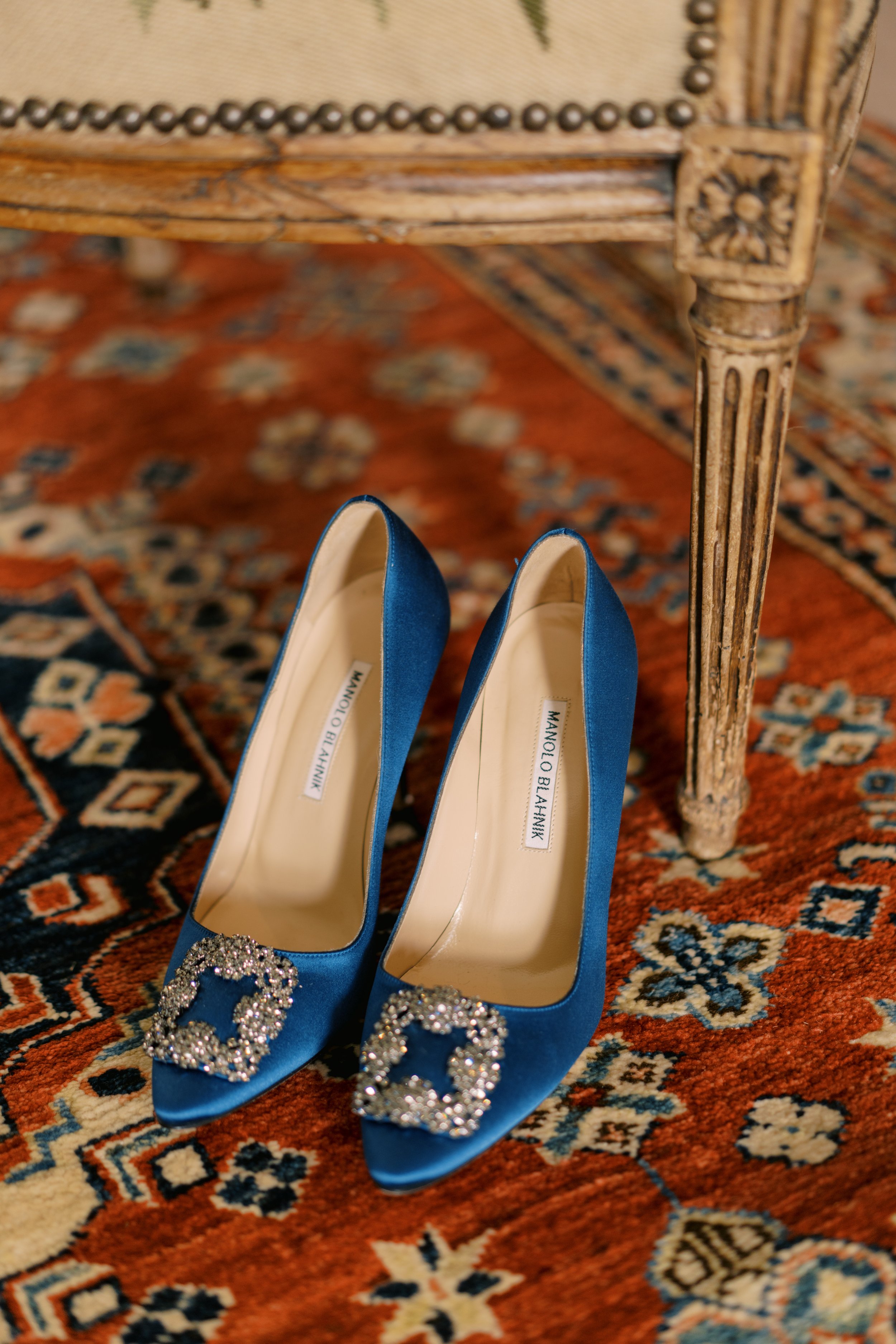 Blue wedding shoes at Boconnoc House