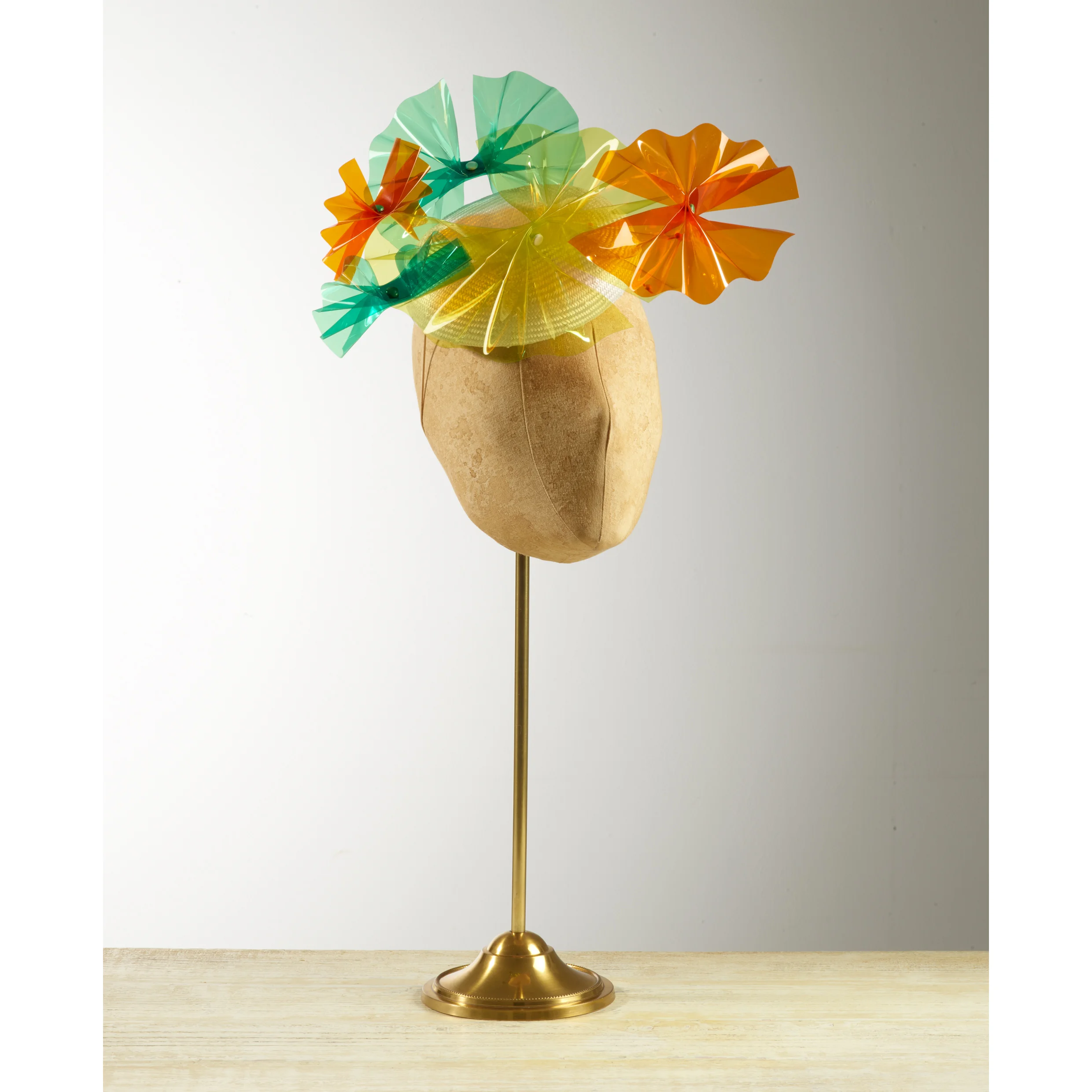 PALM (Yellow/Orange/Green) - £75 White sisal straw button headpiece with yellow, orange & green acetate palm fronds