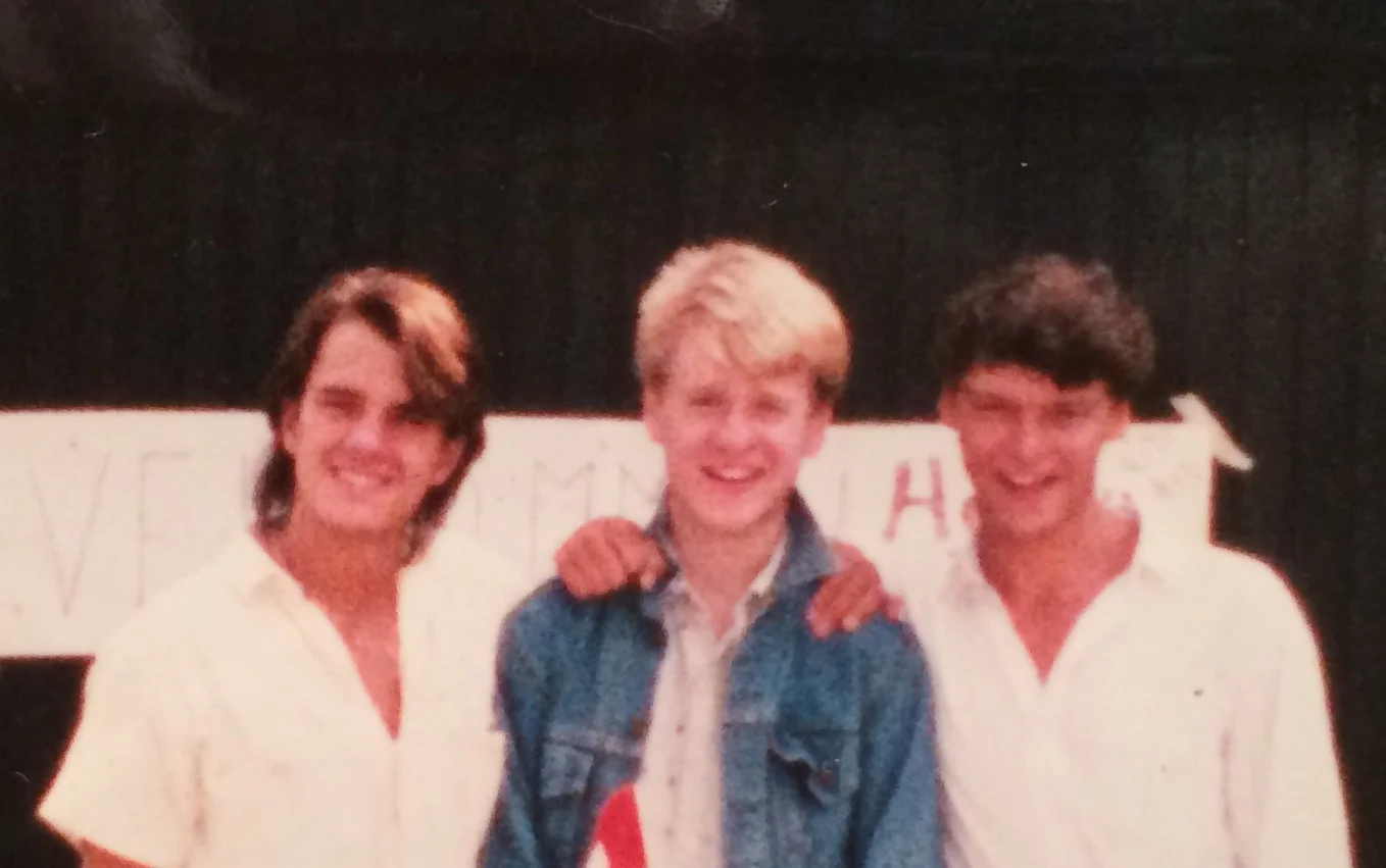 Jens, far left, and me, far right, with our friend Chris, at our arrival in 1986