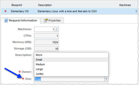 Size Selection on Request screen. Note: the CPU, Memory and Storage fields are read-only.