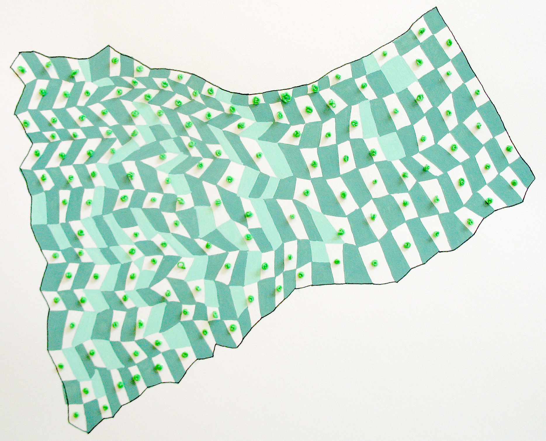 "Grid in Green with knots", 2013, water-based media on paper with embroidery, 11"x14" (sold)