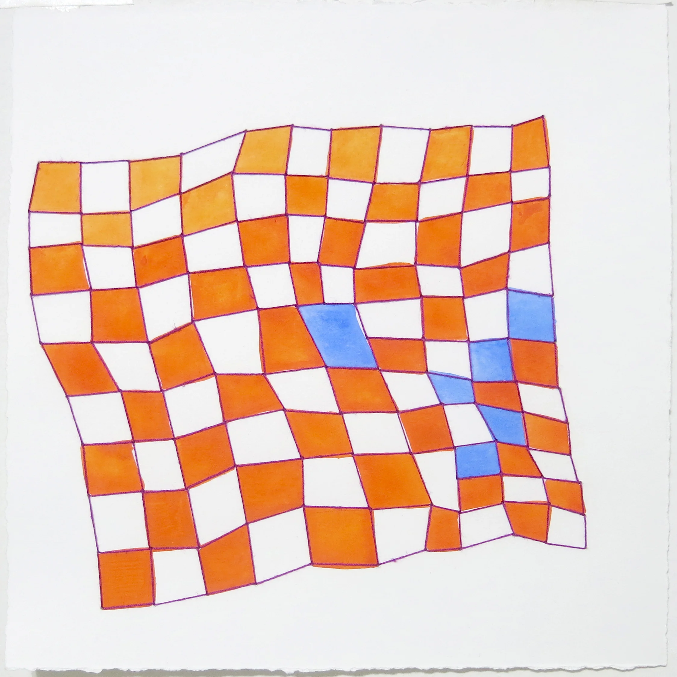 "Orange Grid with blue",2013, water-based media on paper with embroidery, 10"x10"