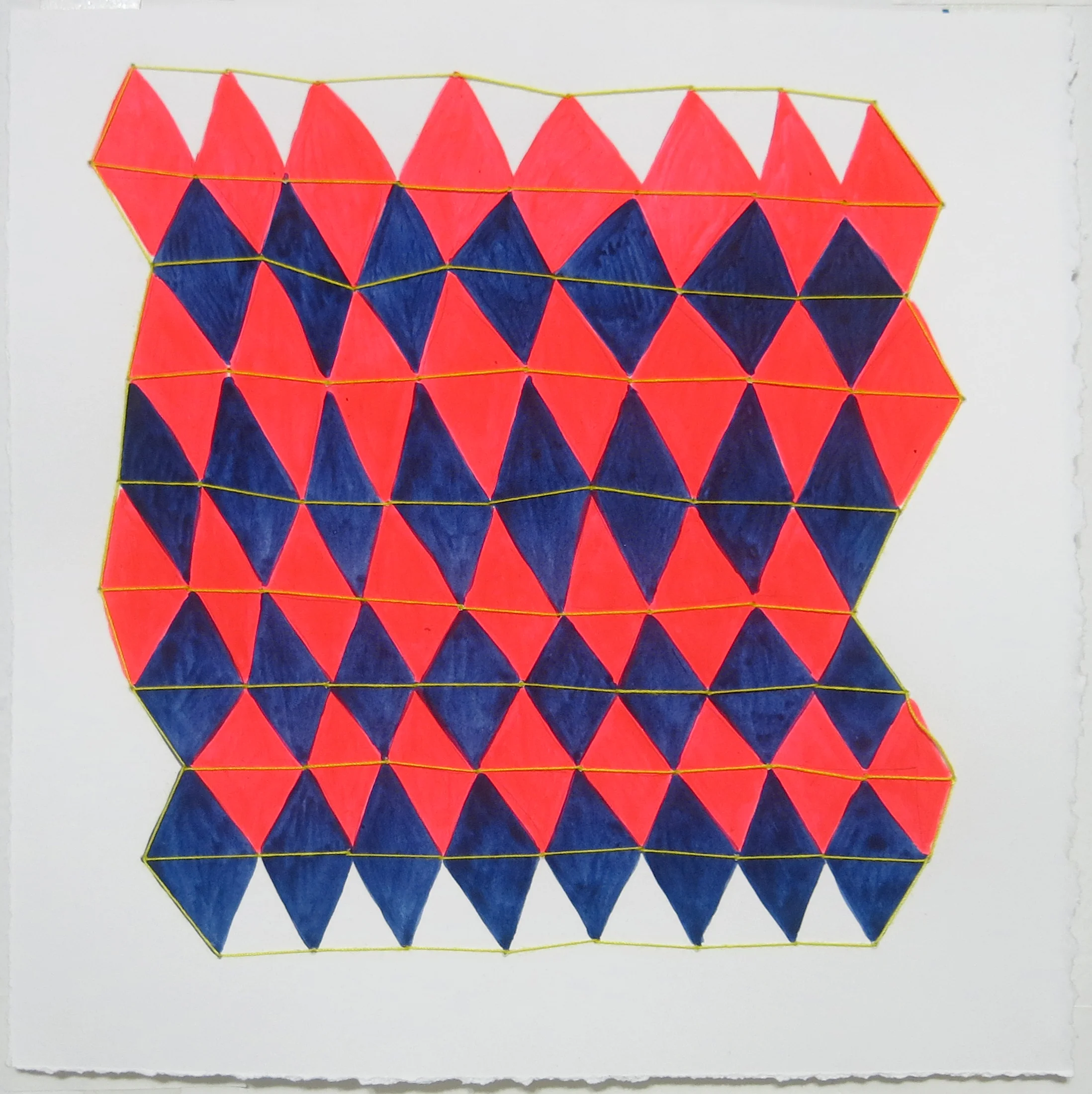 "Orange Grid with blue",2013, water-based media on paper with embroidery, 10"x10"