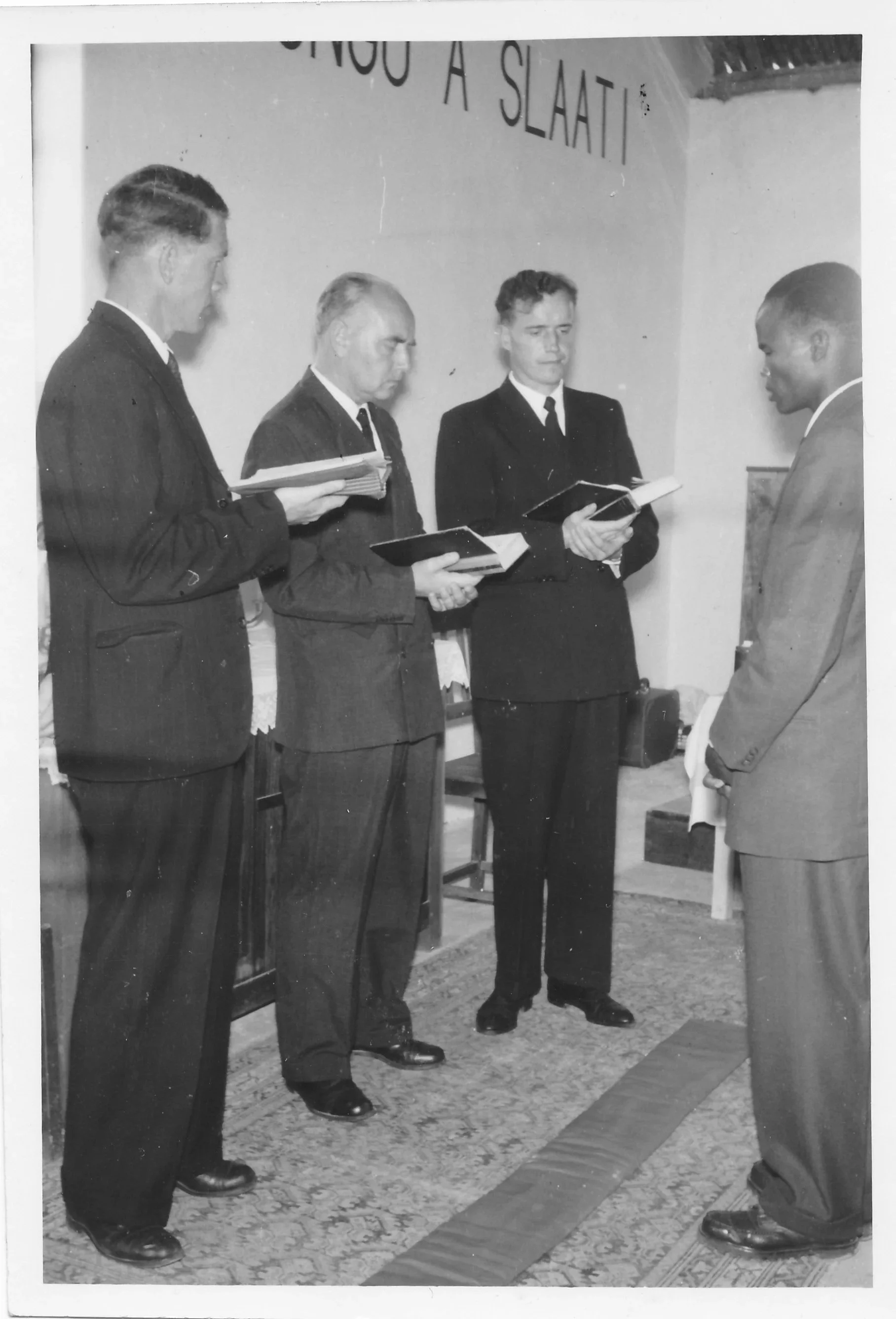  Bartolomayo Yonathan ordained as pastor of Dongobesh Lutheran Church, 1958, by missionaries Finn Espegren, Alfred Lien, and Jon Jossang. 