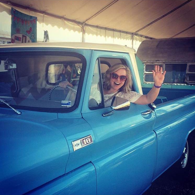 Courtney in an antique truck at Blue Hills