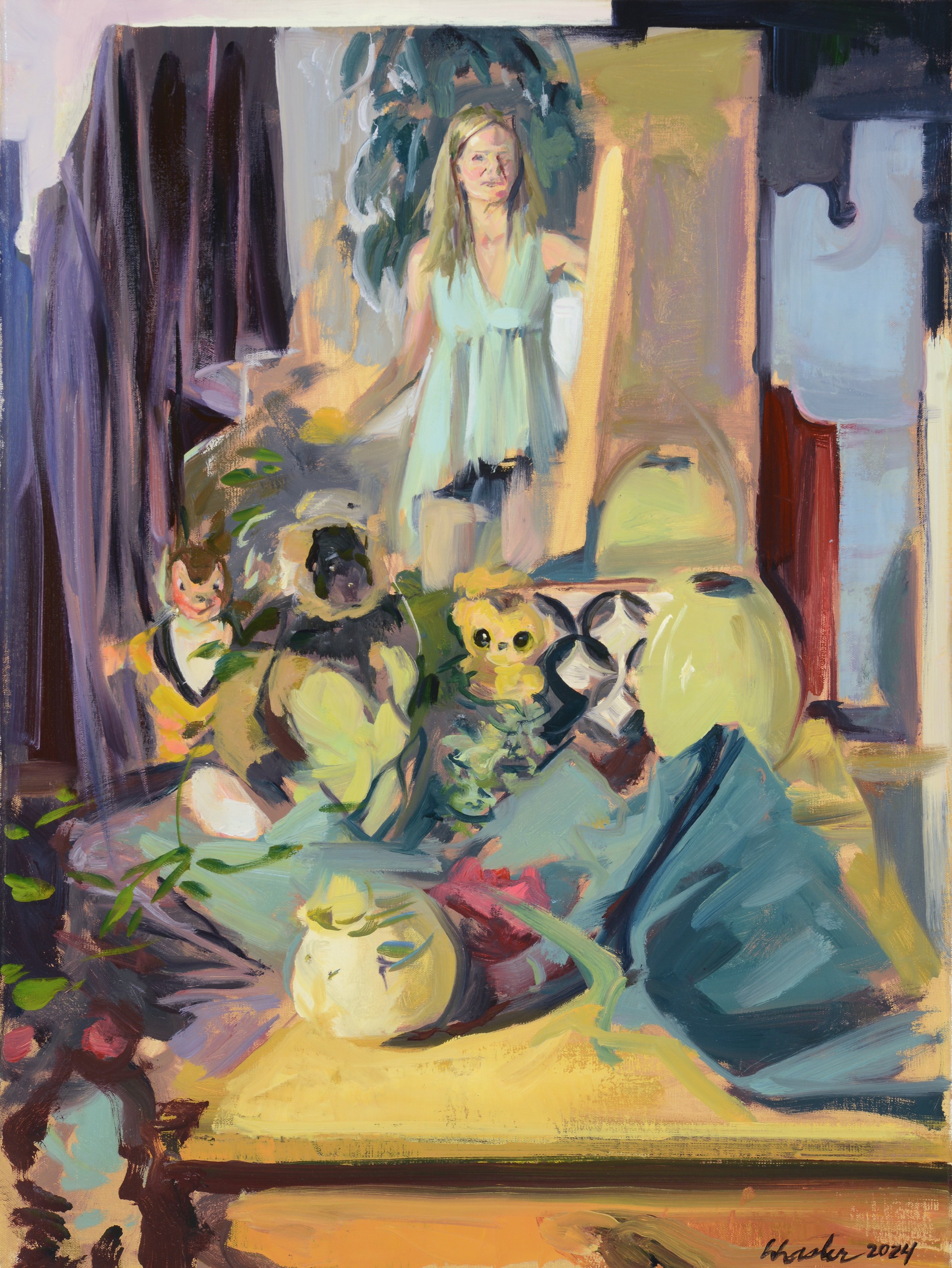   Self-Portrait in a Still Life: Quick Sketch with Bambi and Friends , 2024 oil on canvas 24 × 18 inches 