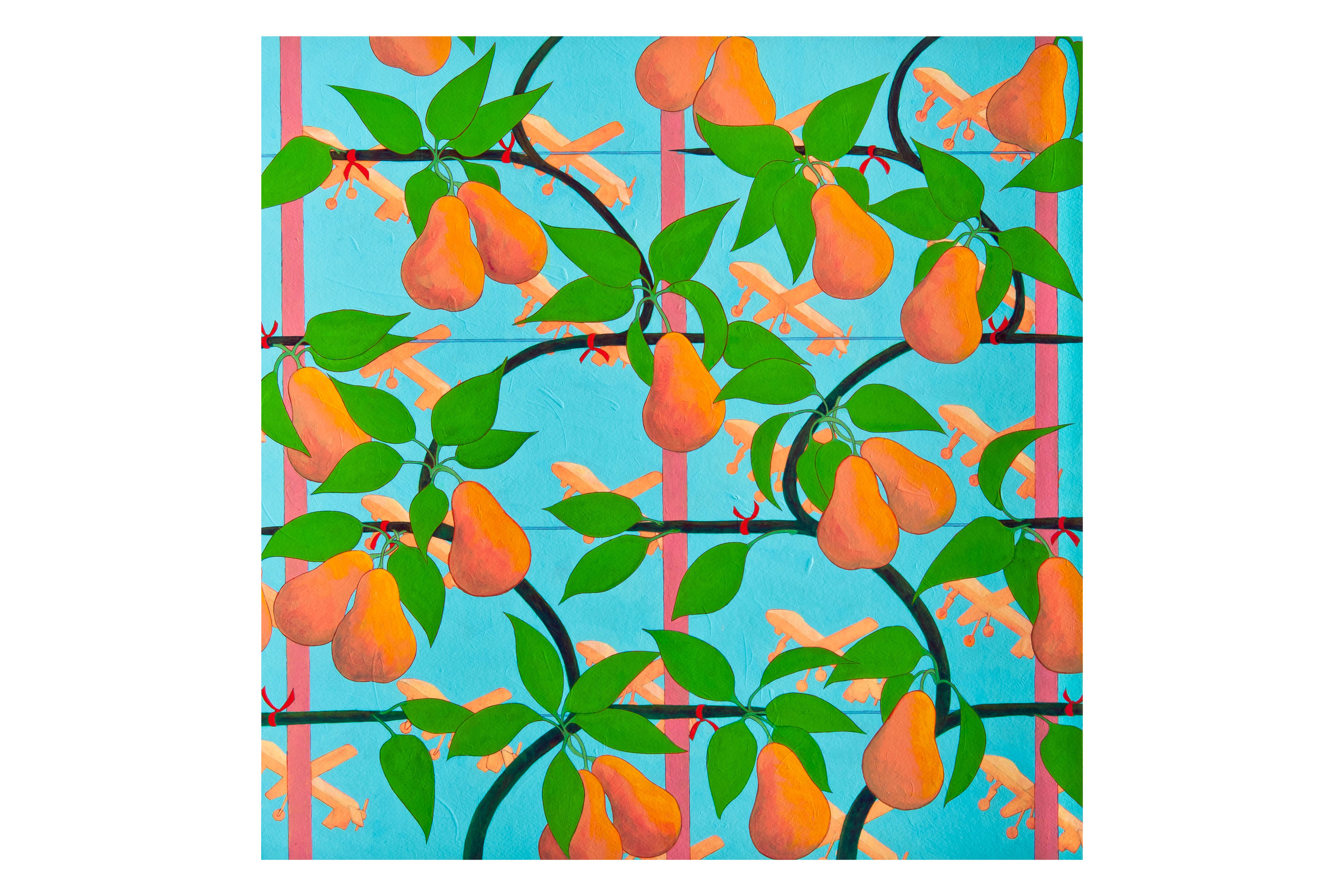   Pear Espalier with Drones  Acrylic on paper, 22” x 22”  {Sold} 