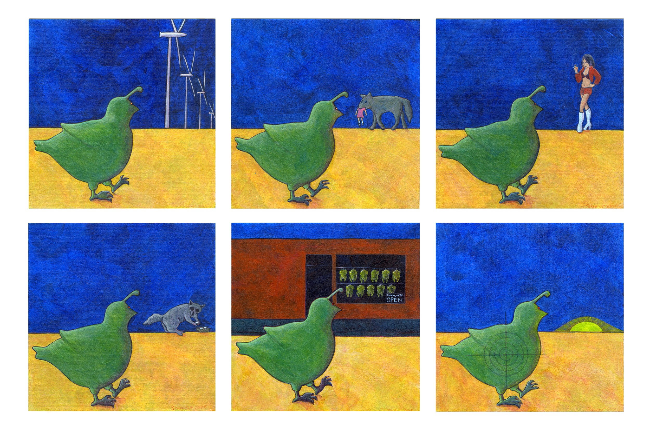   Quail’s Nighttime Stroll,  2009 Acrylic on paper, 5" x 5" each 