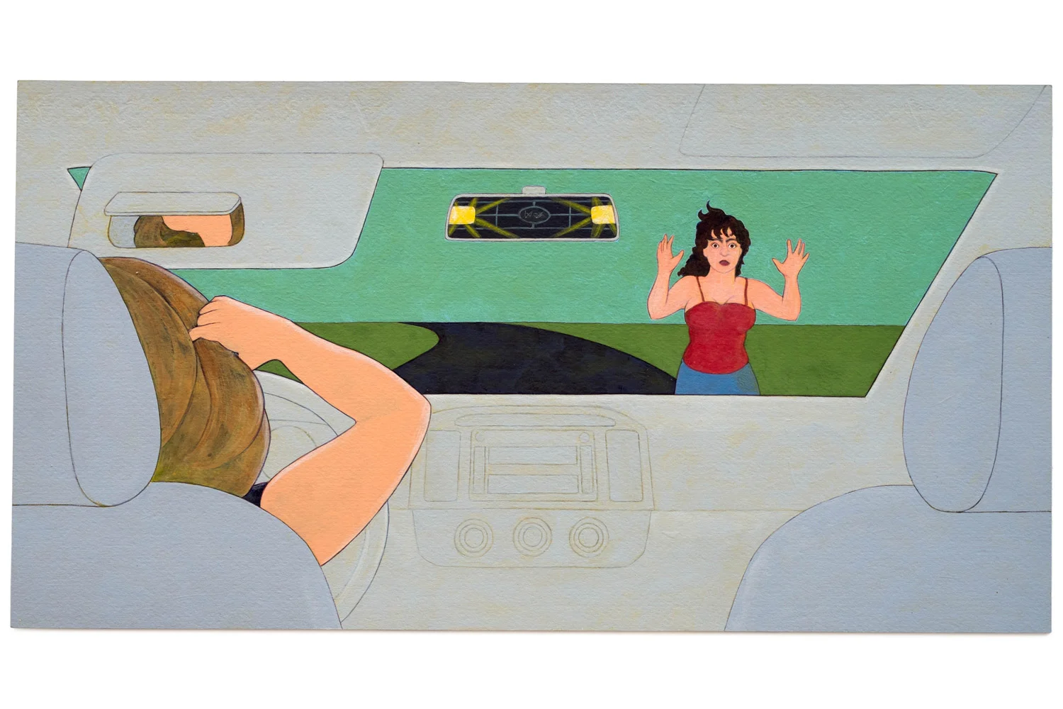Denial (my old self runs over my young self) Self-portrait, Acrylic on paper, 9.5" x 18"