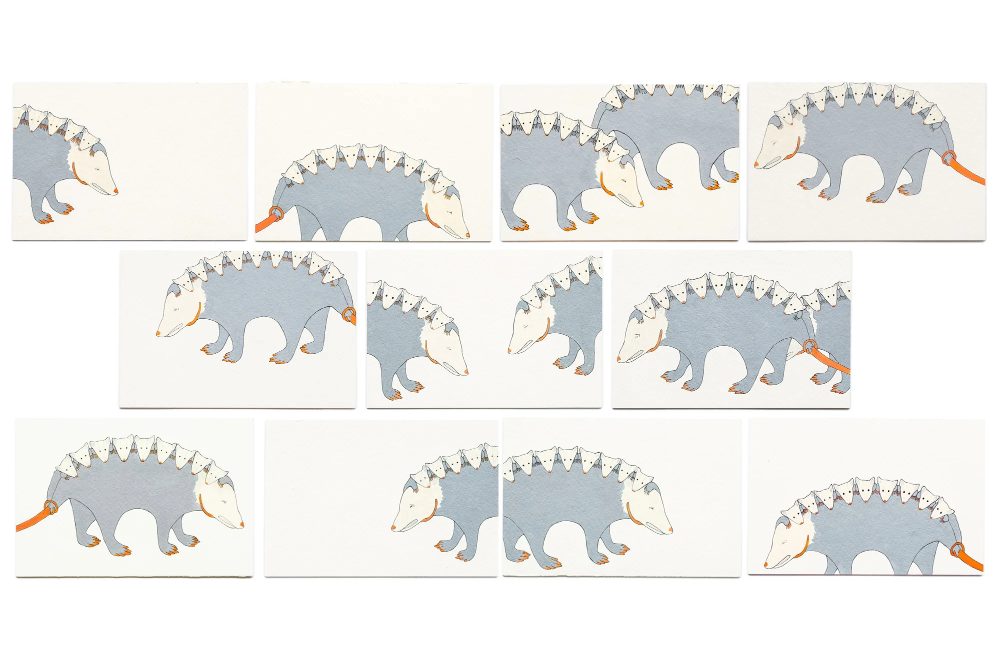 Postcards from Possums, 2016 Acrylic on paper, 4” x 6” each