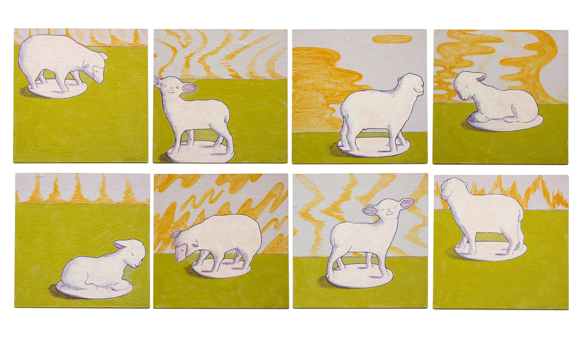   Lost Lambs,  2017 Acrylic on paper, 4” x 4” each 