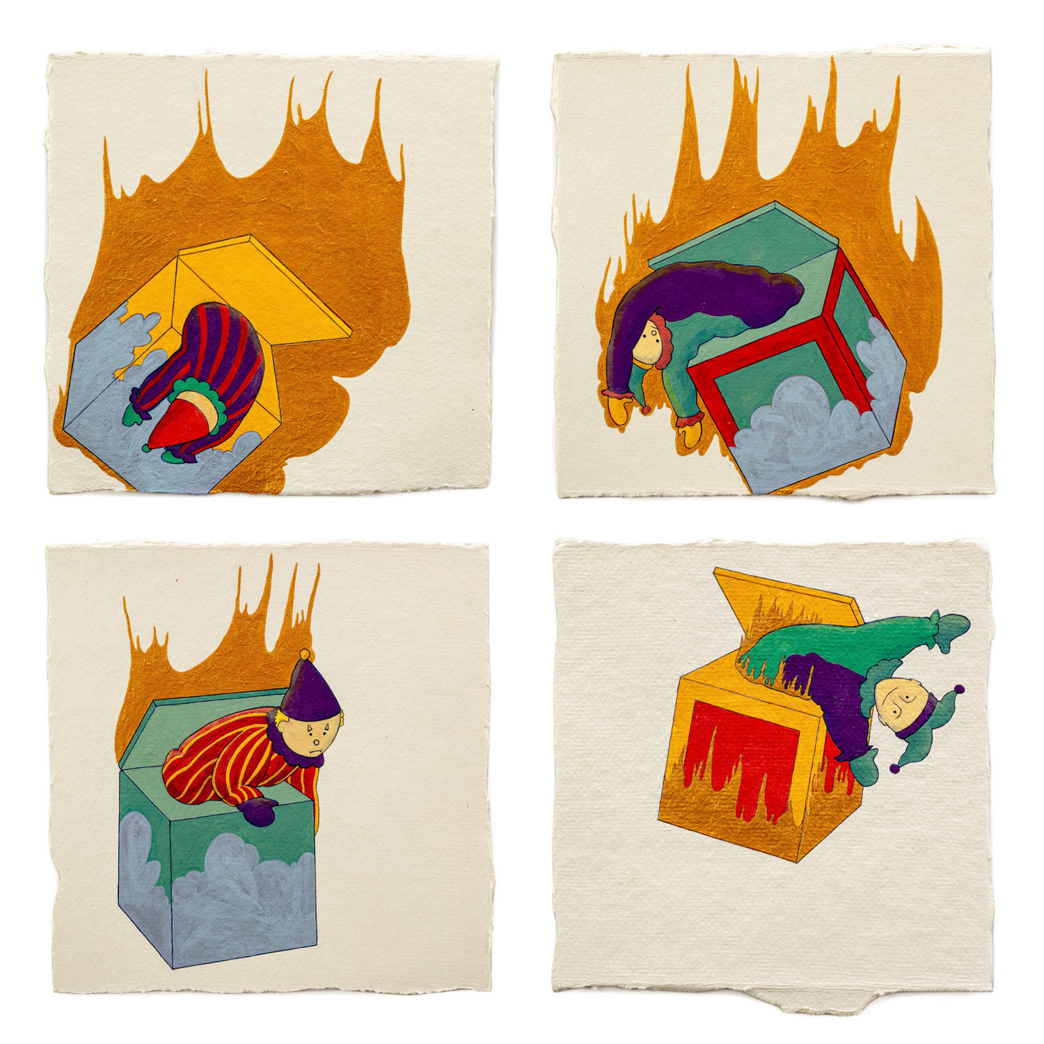   Fire Diary (Unhappy Toys),  2019 Acrylic on paper, 6” x 6” each 