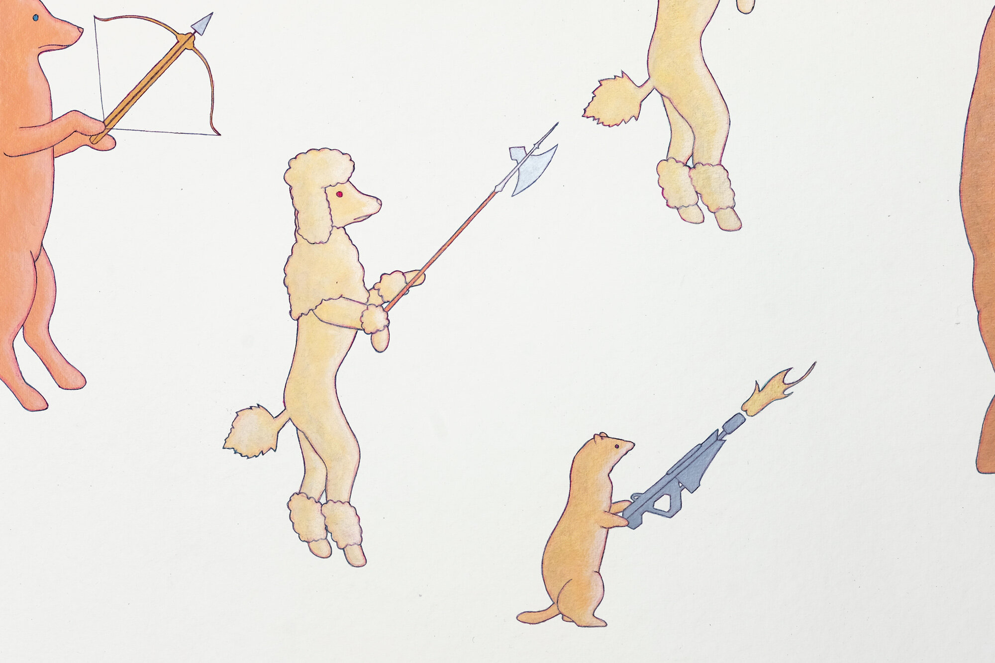   More Animals and Their Weapons,  2021 Acrylic on paper, 22” x 30” 