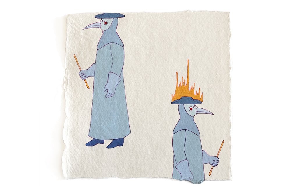   Fire Diary: Still More Plague Doctors , 2022 Acrylic on paper, 6x6” each 