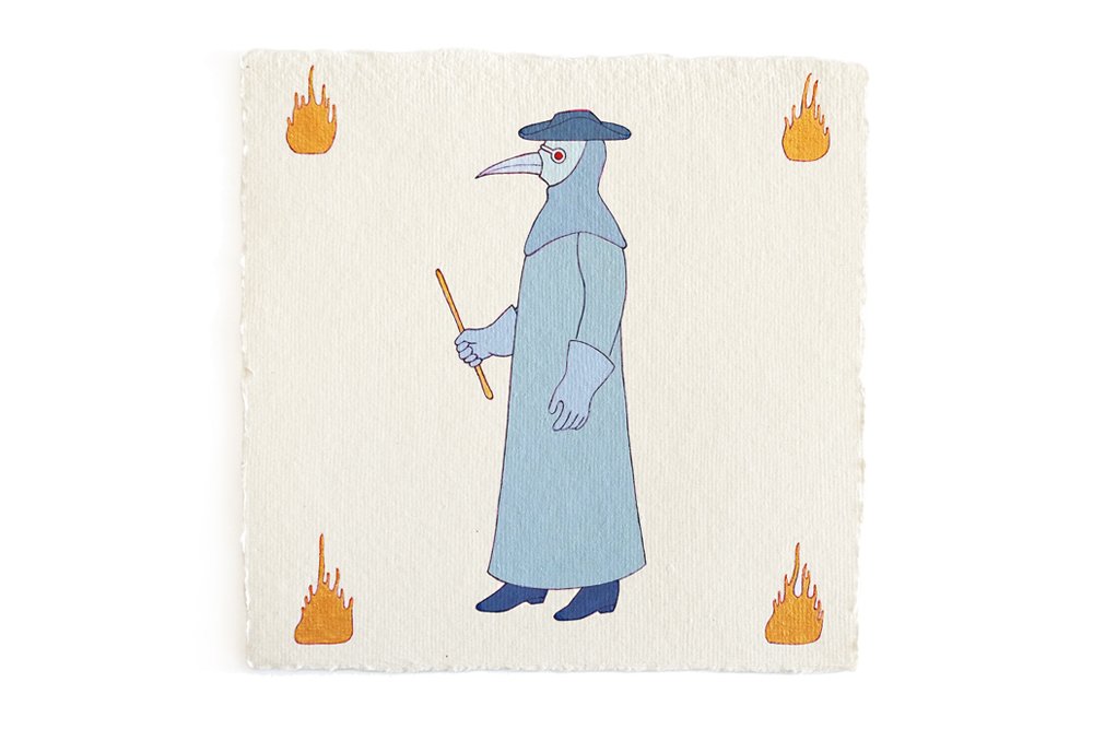   Fire Diary: Still More Plague Doctors,  2022 Acrylic on paper, 6x6” each 