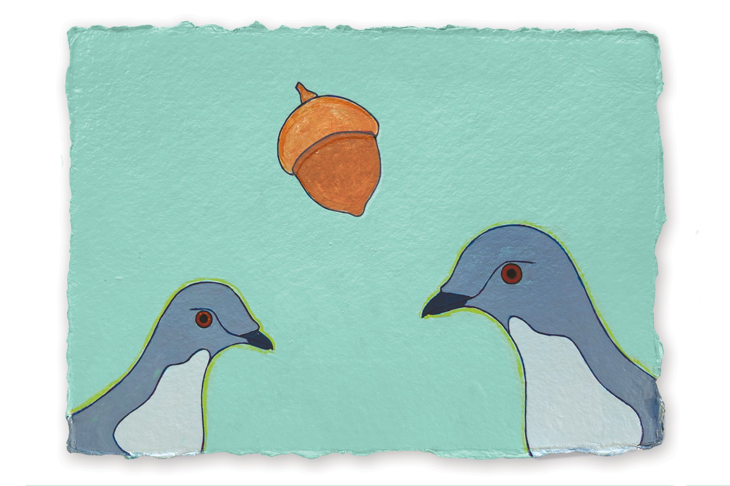   Pigeons and Their Problems,  2024 Acrylic on paper, 5x7” each 