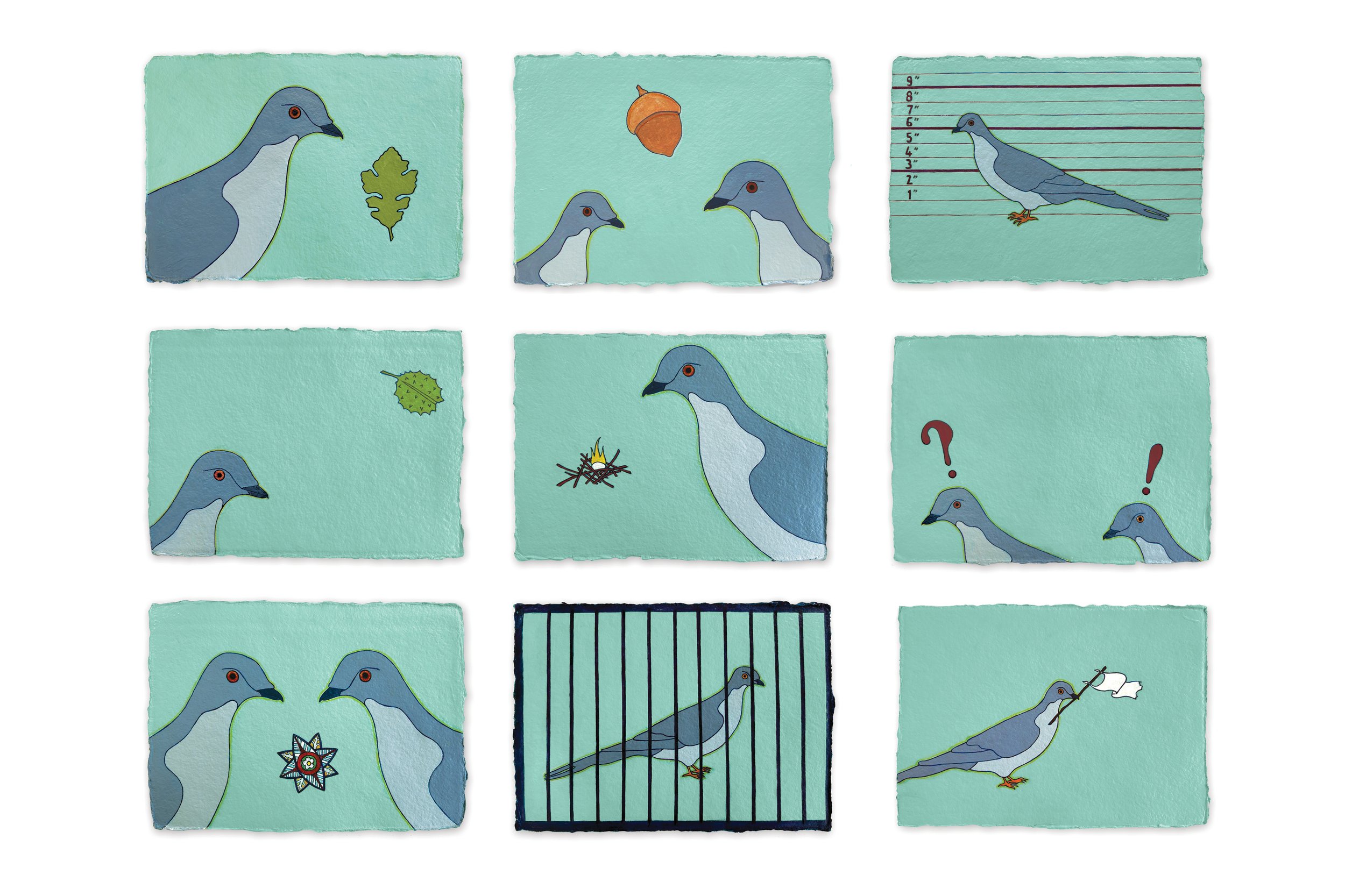   Pigeons and Their Problems,  2024 Acrylic on paper, 5x7” each 